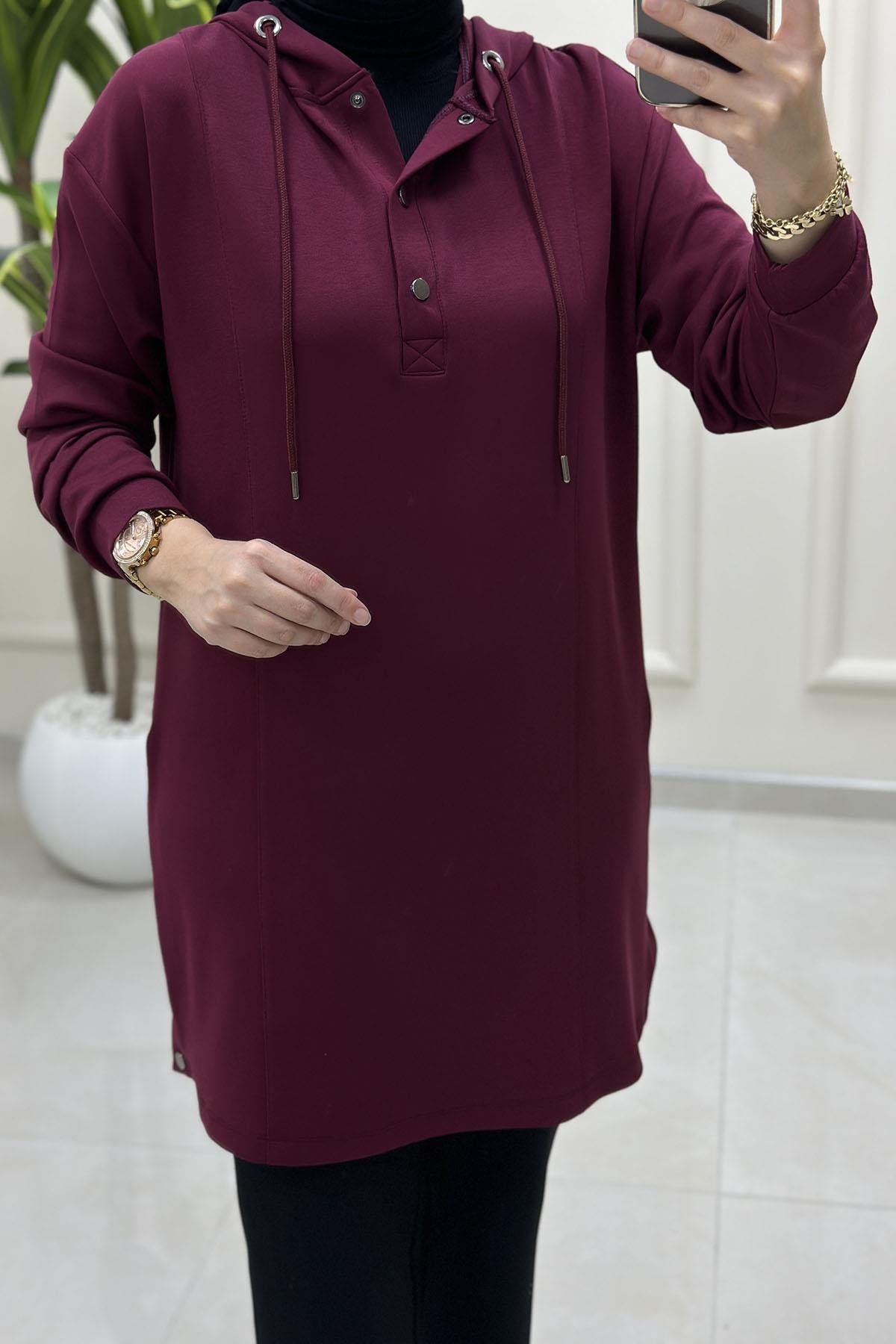 Tesettür Tunik ModelleriDüşük Omuz Yanı Çıtçıtlı Oysho Kadın Tunik Bordo KADO 257296