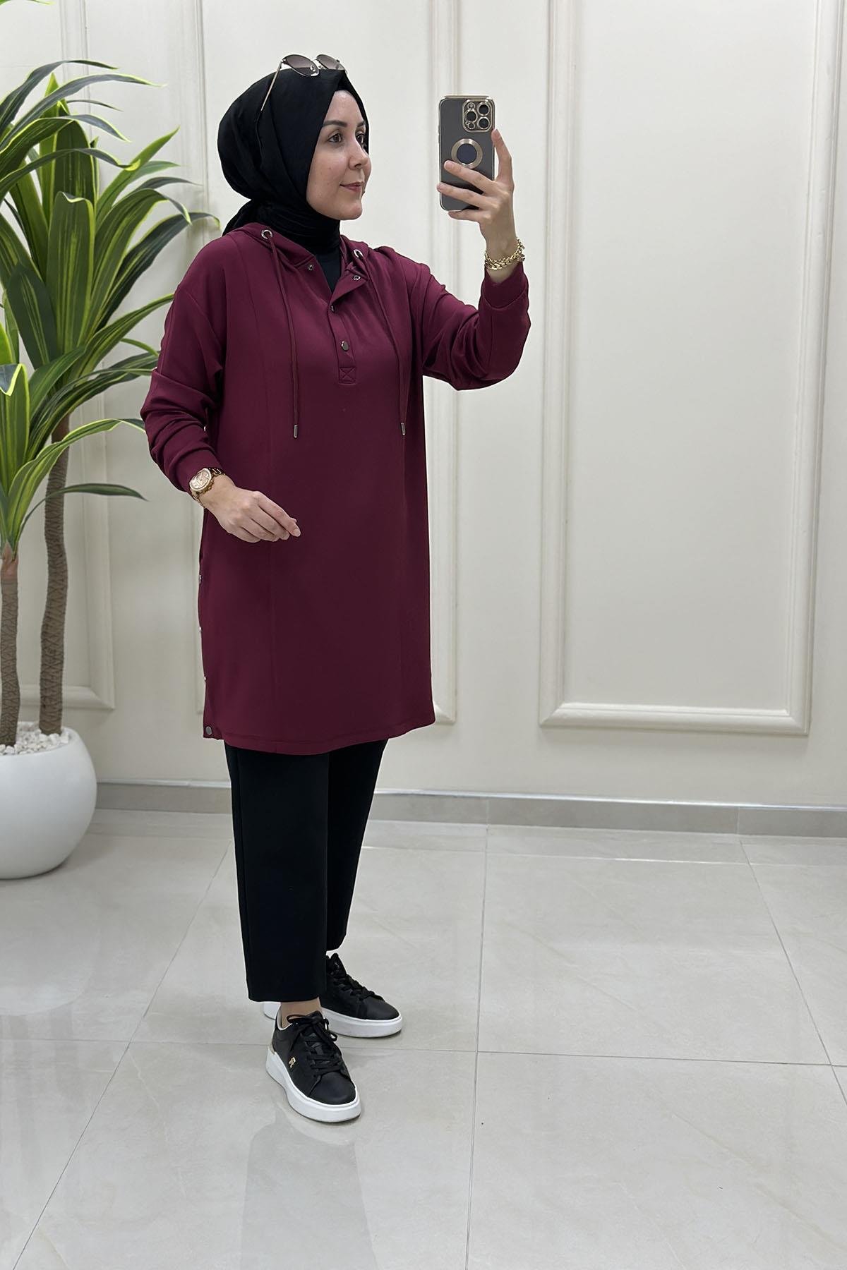Tesettür Tunik ModelleriDüşük Omuz Yanı Çıtçıtlı Oysho Kadın Tunik Bordo KADO 257296