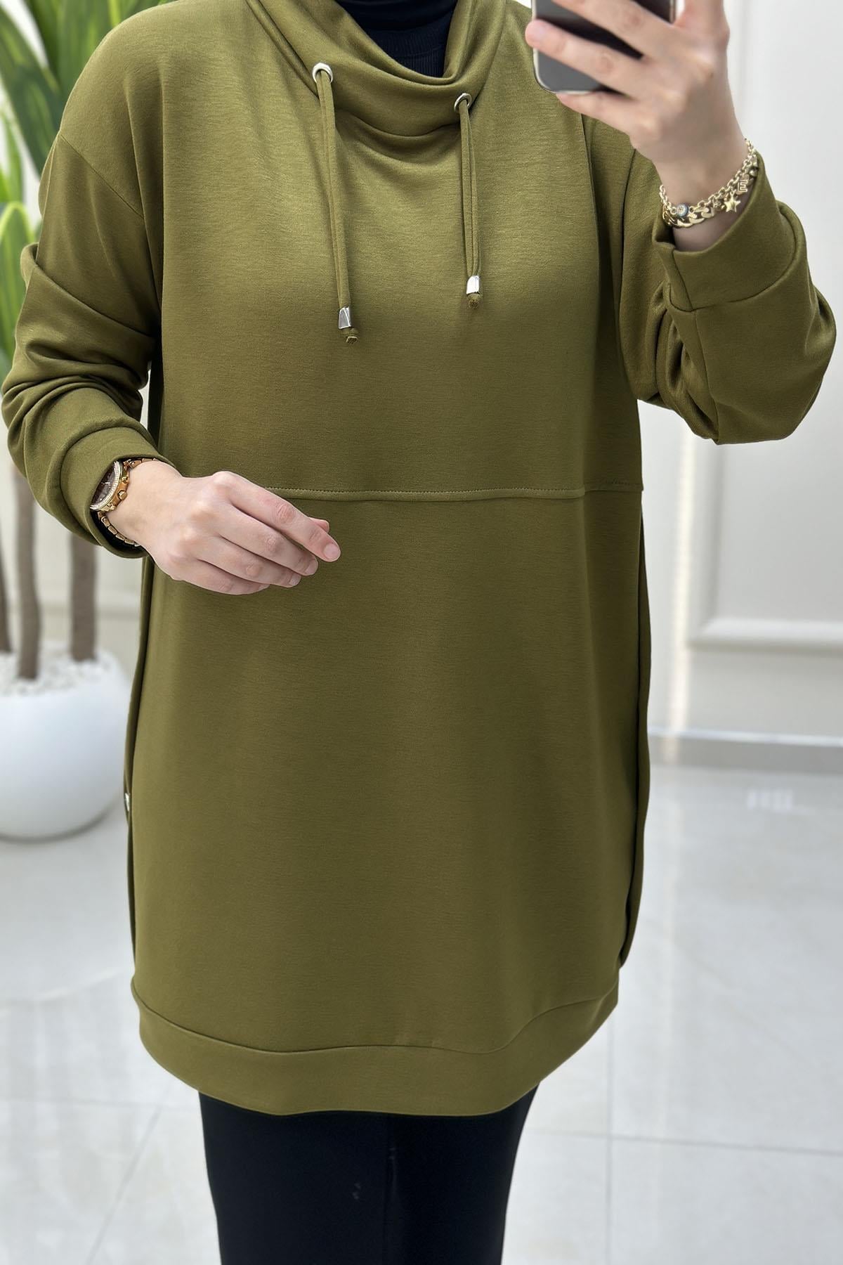 Tesettür Tunik ModelleriDüşük Omuz Yanları Zımba Detaylı Kadın Oysho Tunik Yağ Yeşili GNR 221