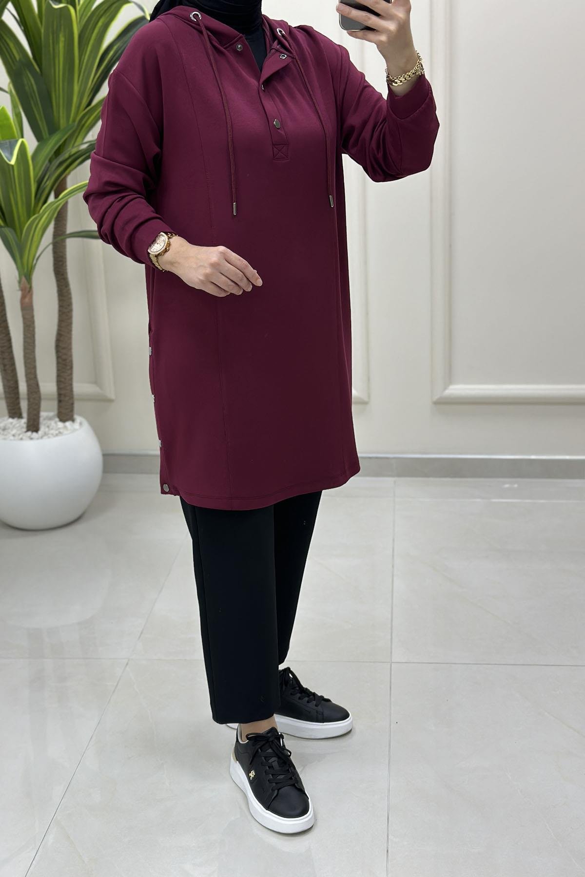 Tesettür Tunik ModelleriDüşük Omuz Yanı Çıtçıtlı Oysho Kadın Tunik Bordo KADO 257296