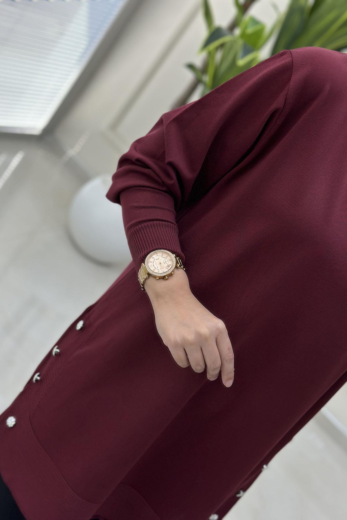 Tesettür Tunik ModelleriDüşük Omuz Yanları Aksesuar Detaylı Triko Kadın Tunik Bordo MLH 5013