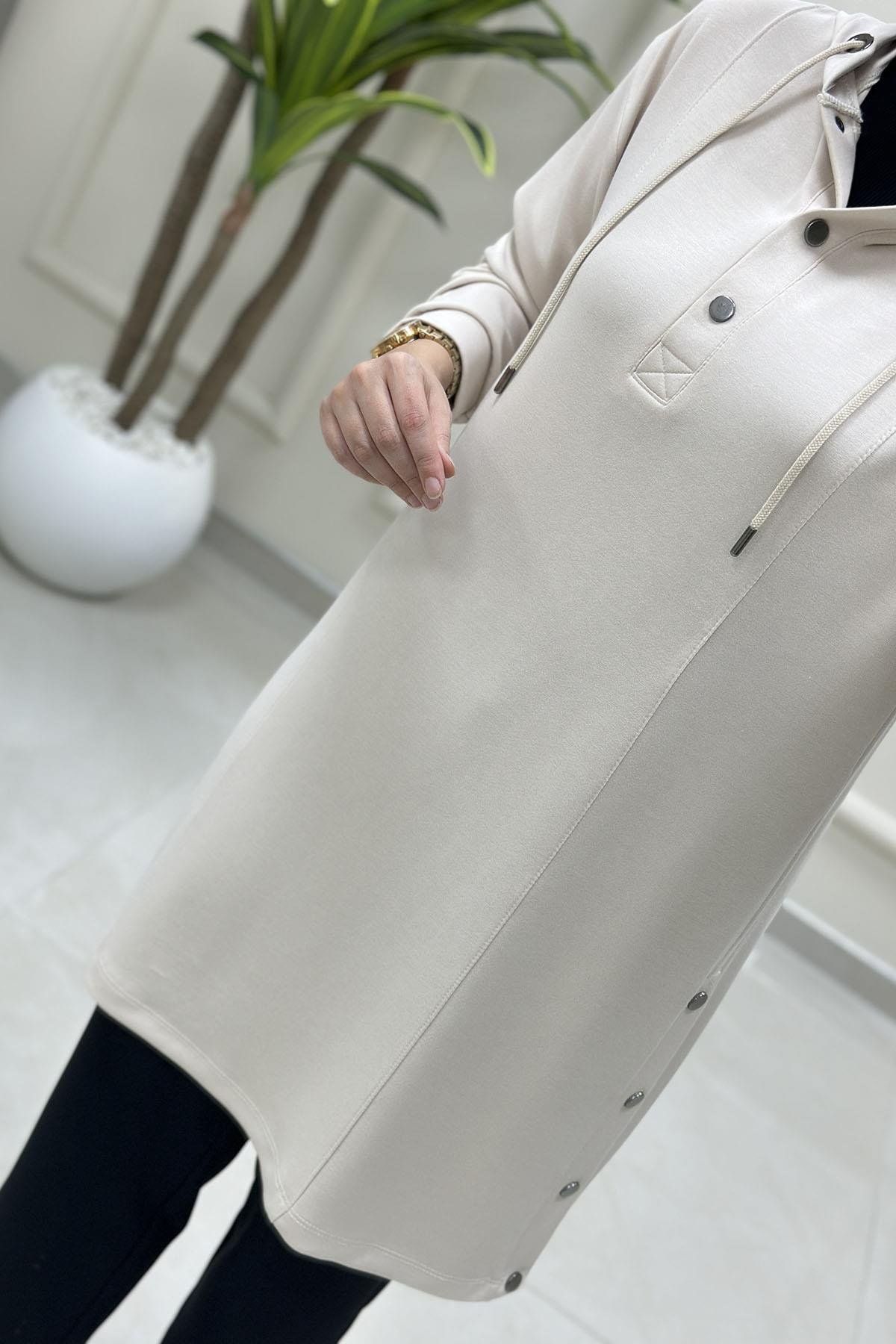 Tesettür Tunik ModelleriDüşük Omuz Yanı Çıtçıtlı Oysho Kadın Tunik Bej KADO 257296