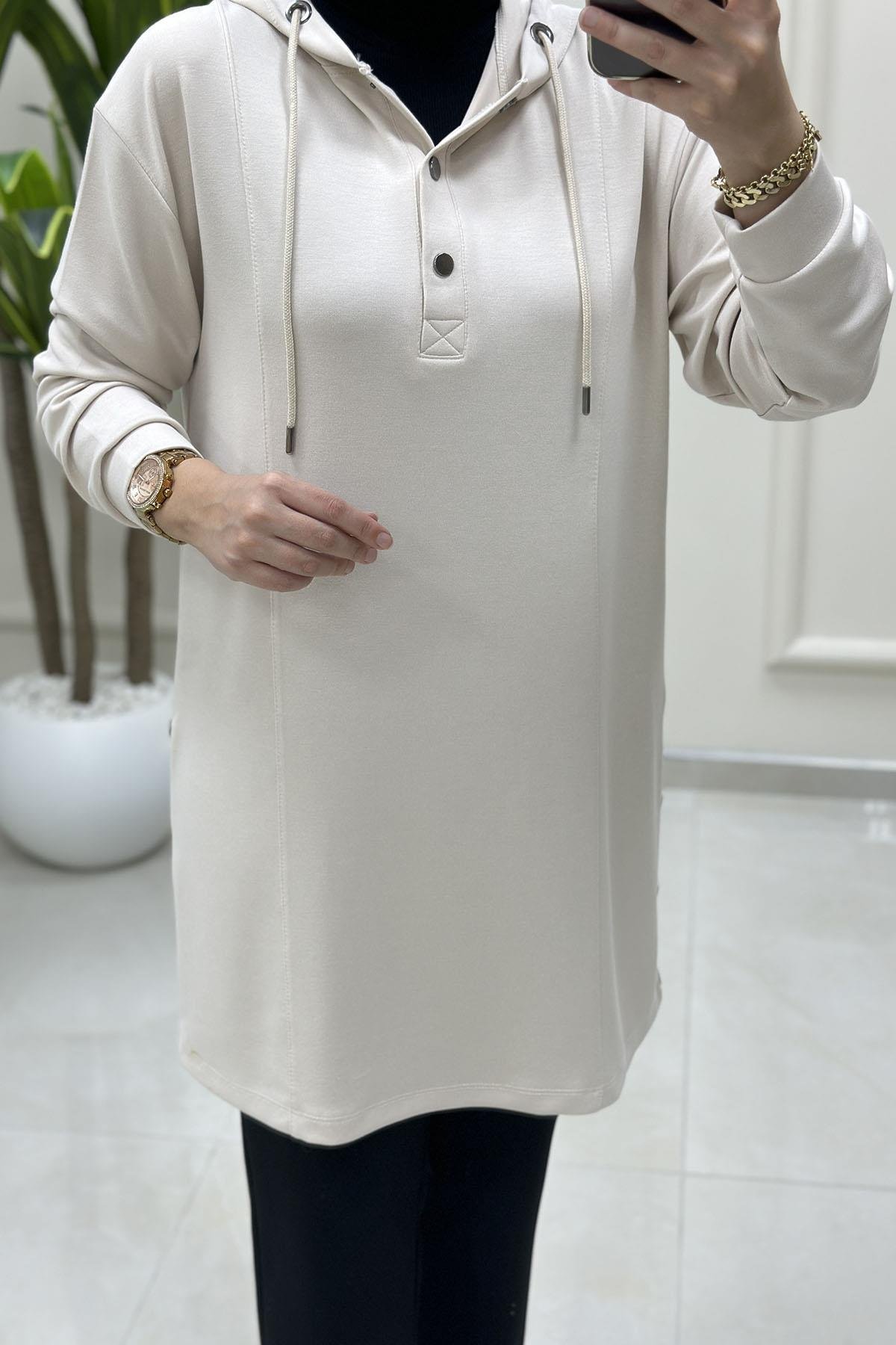 Tesettür Tunik ModelleriDüşük Omuz Yanı Çıtçıtlı Oysho Kadın Tunik Bej KADO 257296