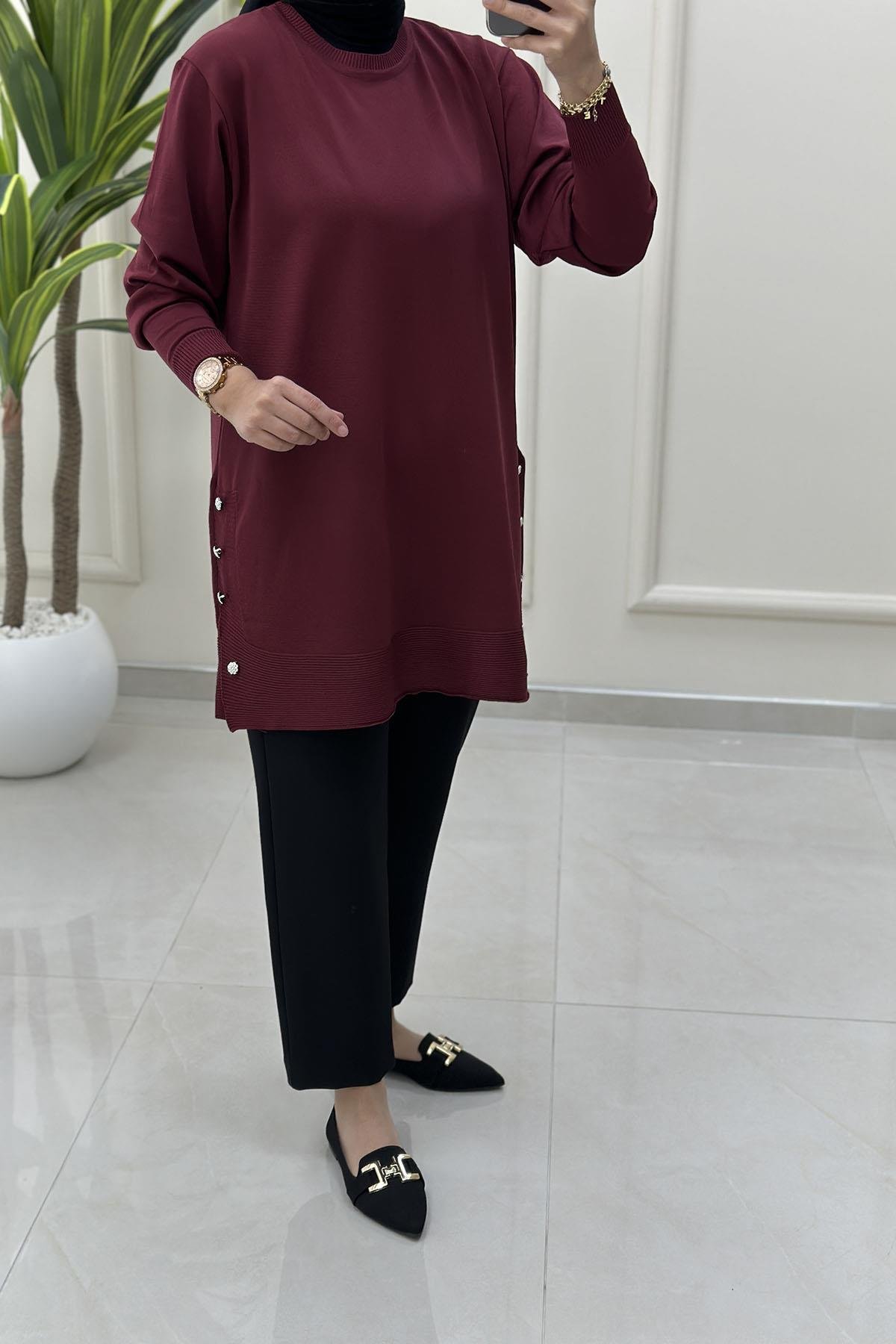Tesettür Tunik ModelleriDüşük Omuz Yanları Aksesuar Detaylı Triko Kadın Tunik Bordo MLH 5013