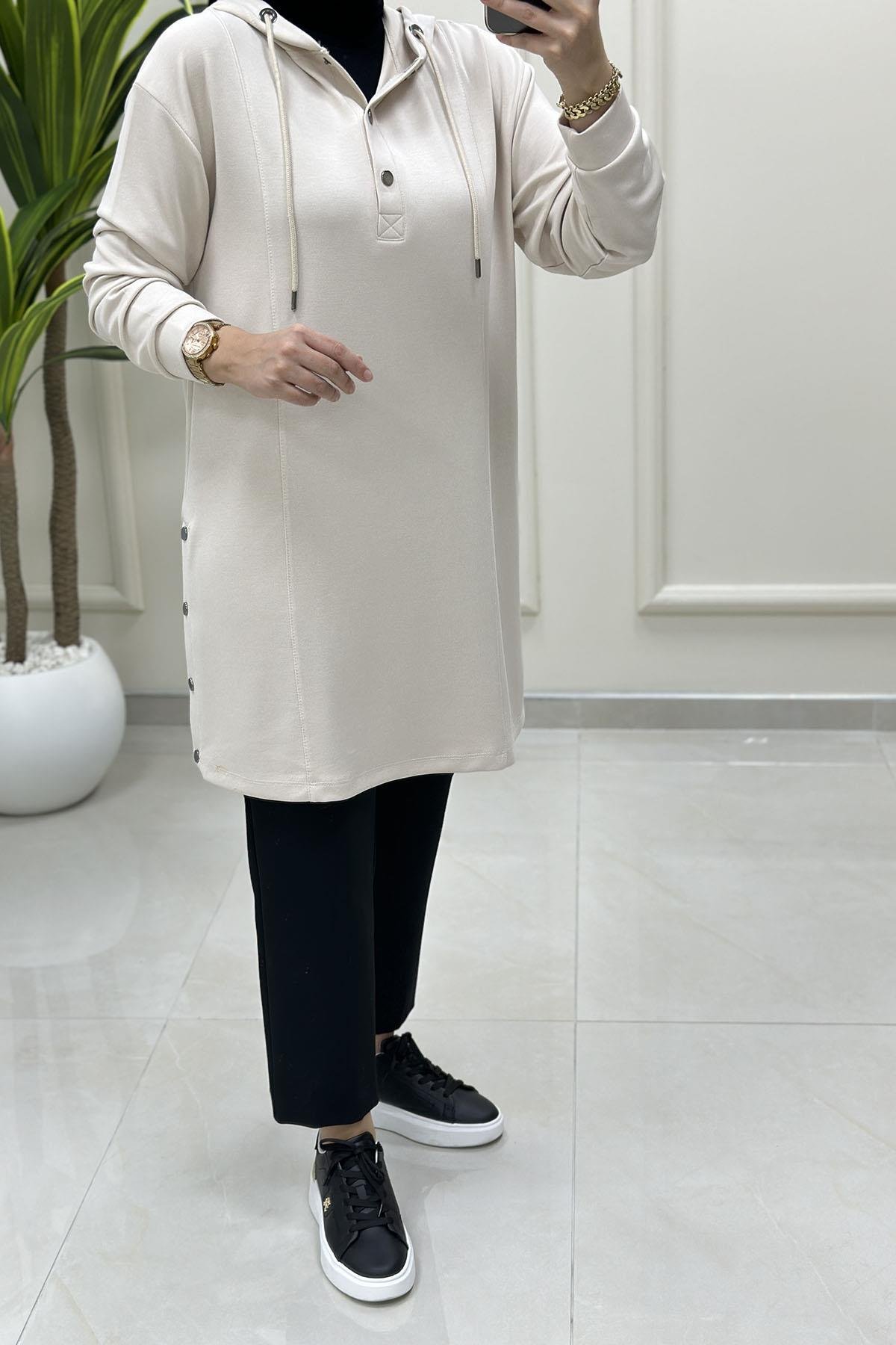 Tesettür Tunik ModelleriDüşük Omuz Yanı Çıtçıtlı Oysho Kadın Tunik Bej KADO 257296