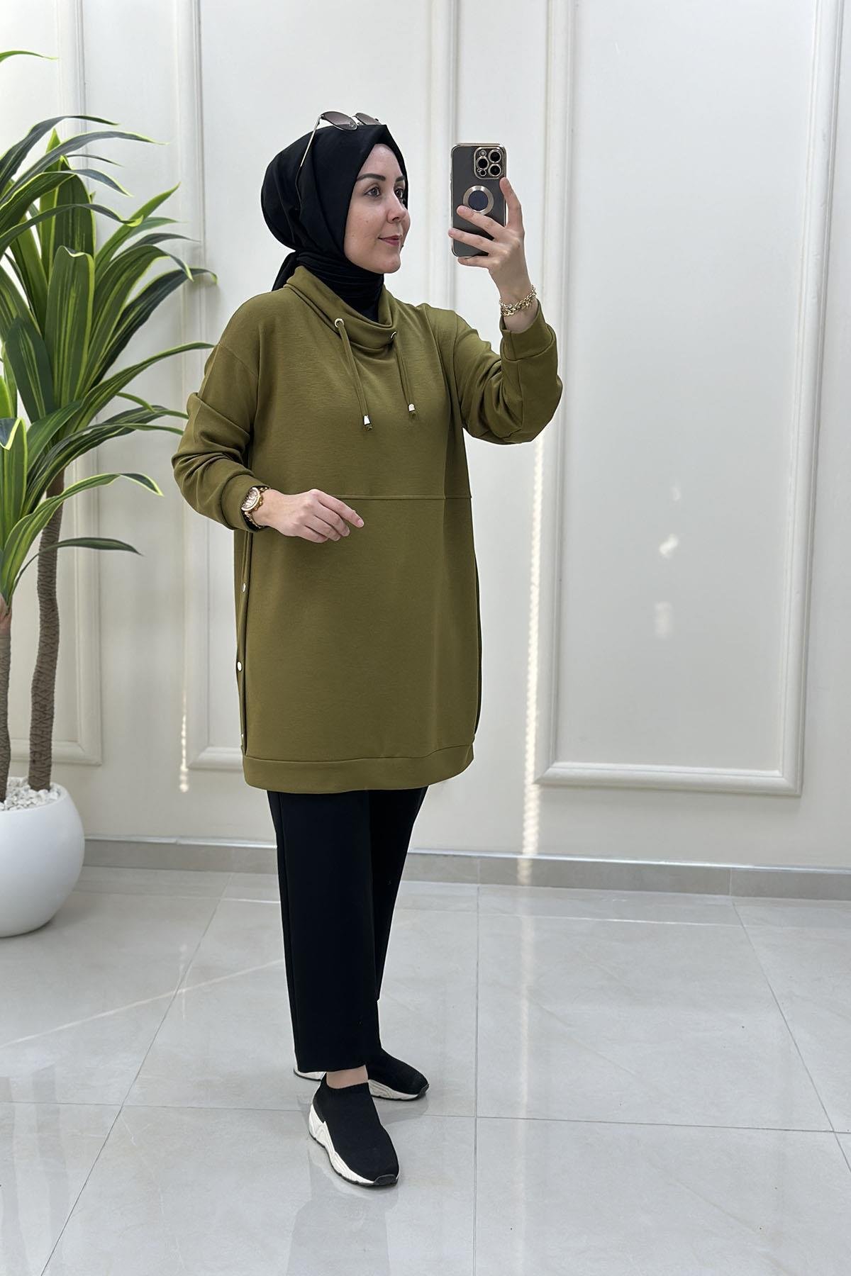 Tesettür Tunik ModelleriDüşük Omuz Yanları Zımba Detaylı Kadın Oysho Tunik Yağ Yeşili GNR 221