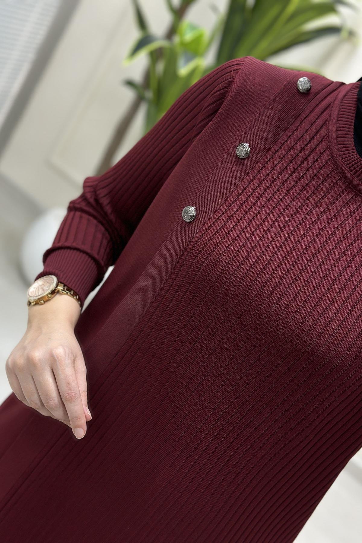 Tesettür Tunik ModelleriFitilli Düğme Detaylı Kadın Triko Tunik Bordo KADO 2725022
