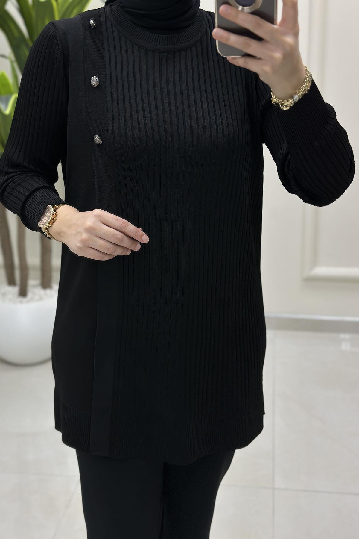 Tesettür Tunik ModelleriFitilli Düğme Detaylı Kadın Triko Tunik Siyah KADO 2725022