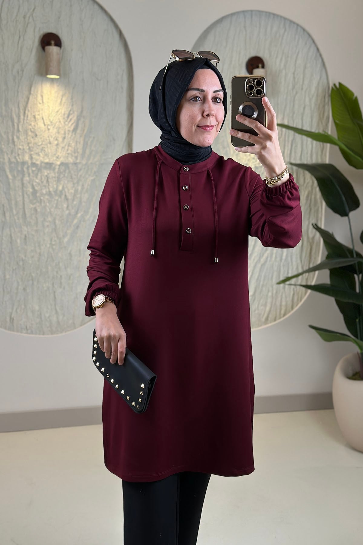 Tesettür Tunik ModelleriHakim Yaka Kolu Büzgülü Yaka İpli Oysho Kadın Tunik Bordo KADO 268202
