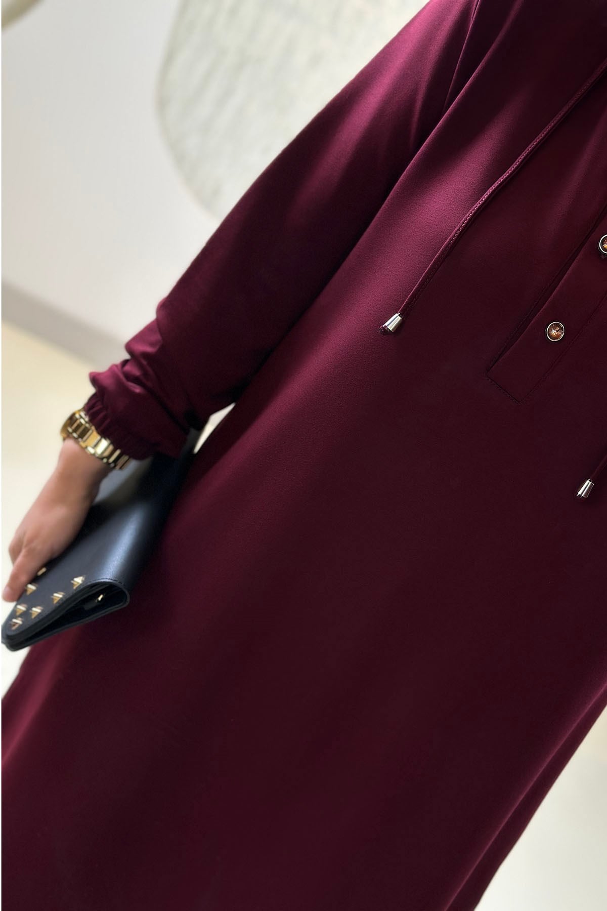 Tesettür Tunik ModelleriHakim Yaka Kolu Büzgülü Yaka İpli Oysho Kadın Tunik Bordo KADO 268202