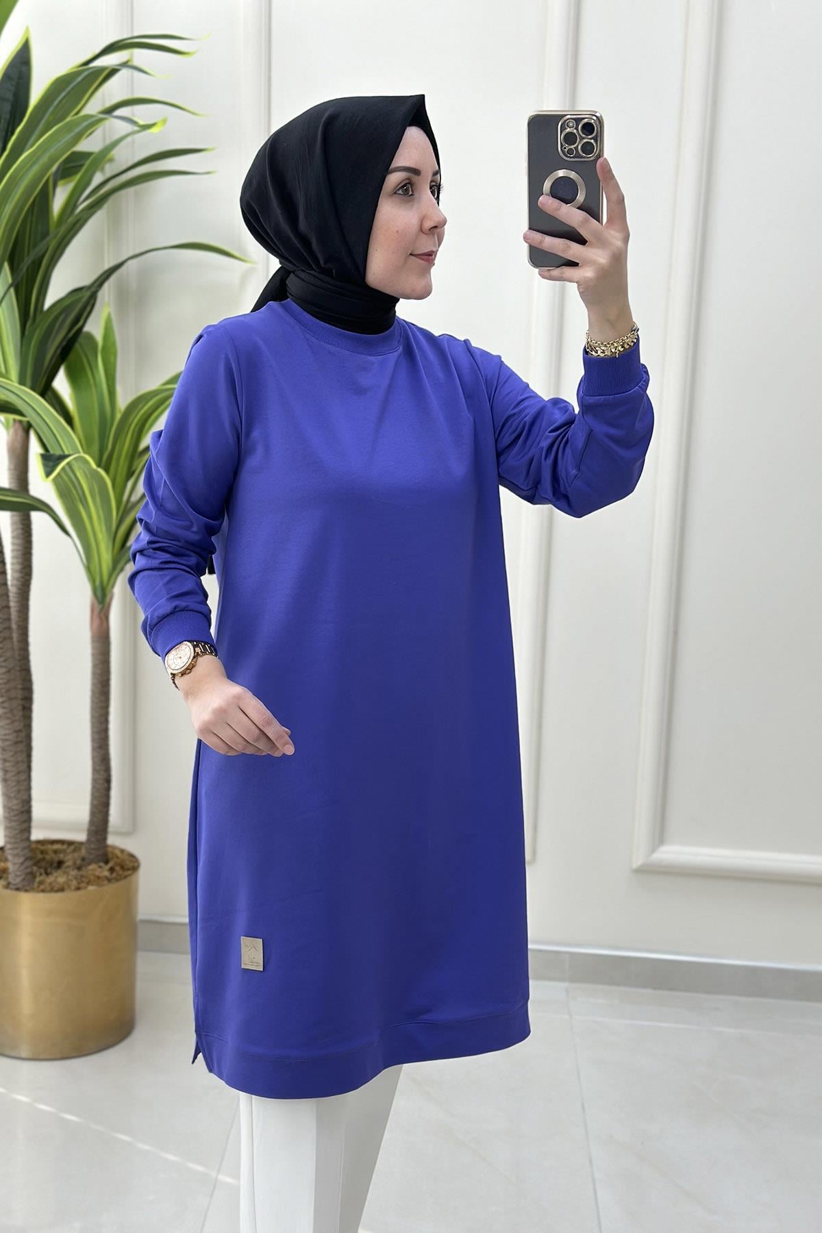 Tesettür Tunik Modelleriİki İplik Kol Ve Etek Ucu Ribanalı Spor Kadın Tunik Mor KADO 7194