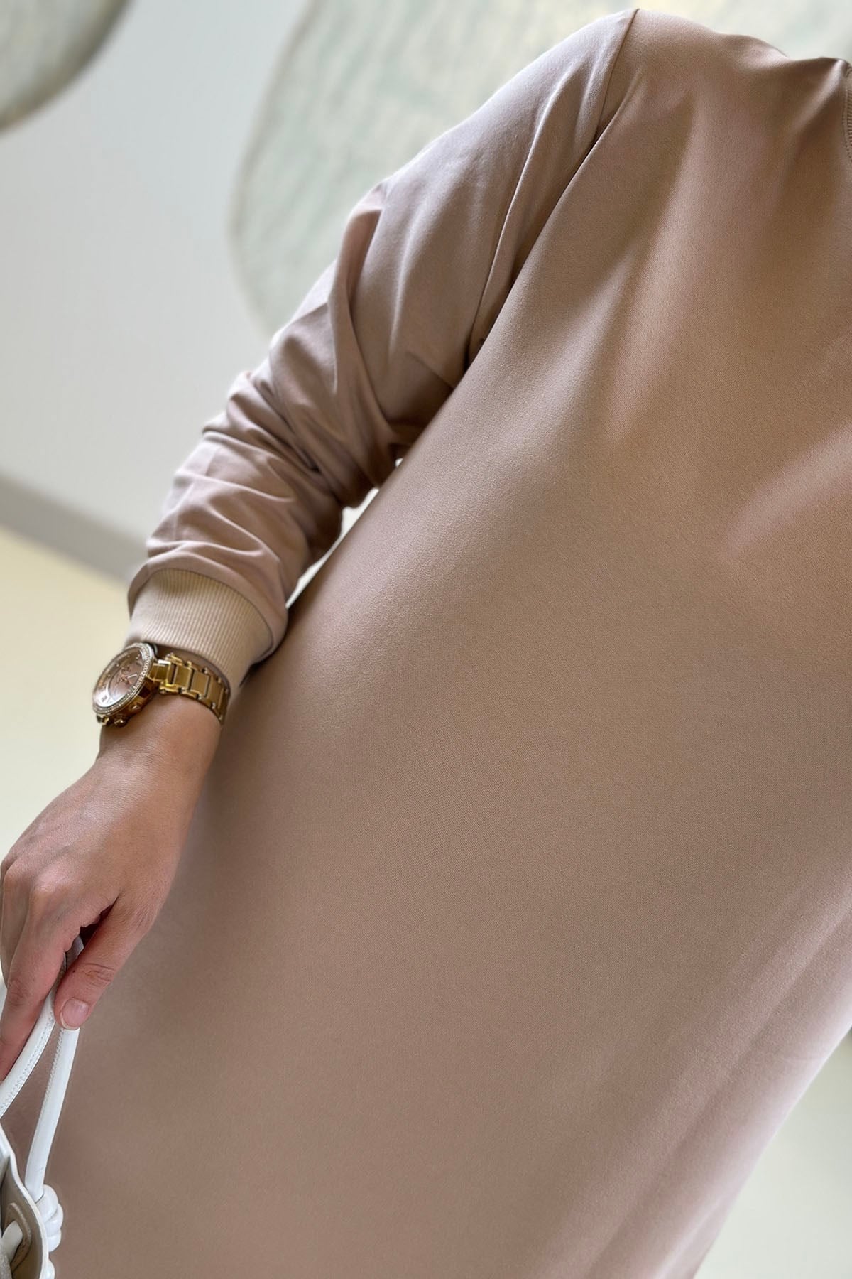 Tesettür Tunik Modelleriİki İplik Kol ve Yaka Ribanalı Basic Kadın Tunik Bej KADO 7194