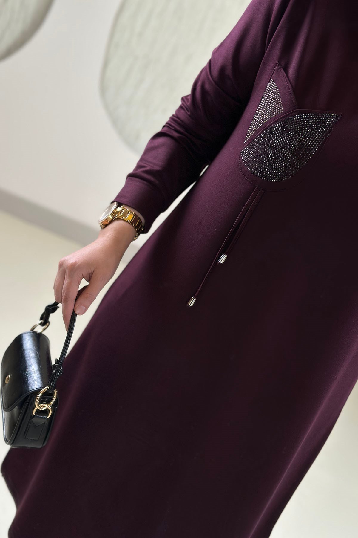 Tesettür Tunik Modelleriİnce Oysho Lale Cep Taş Detaylı Kadın Tunik Bordo KADO 268554