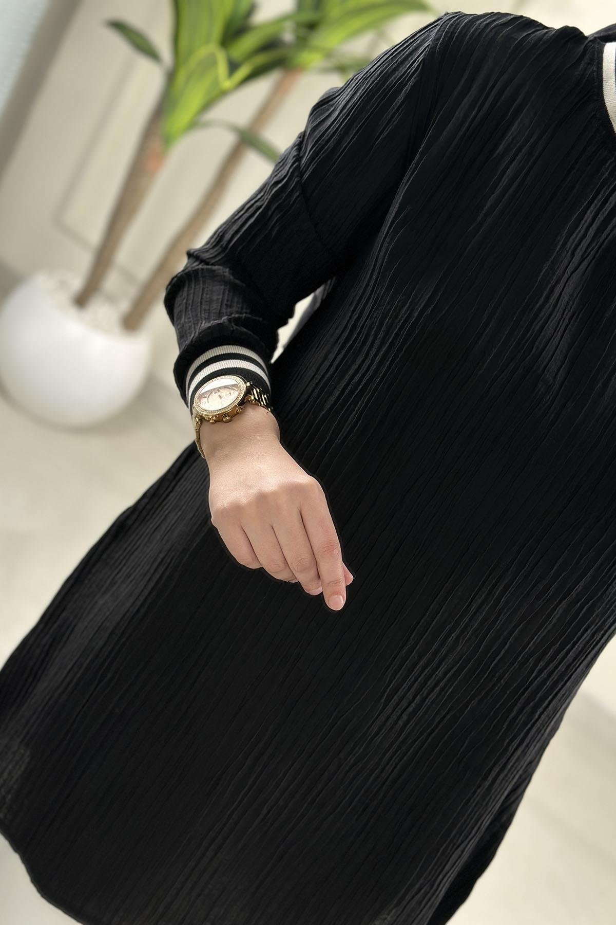 Tesettür Tunik ModelleriJakar Organze Piliseli Ribana Detaylı Kadın Tunik Siyah KADO 262632