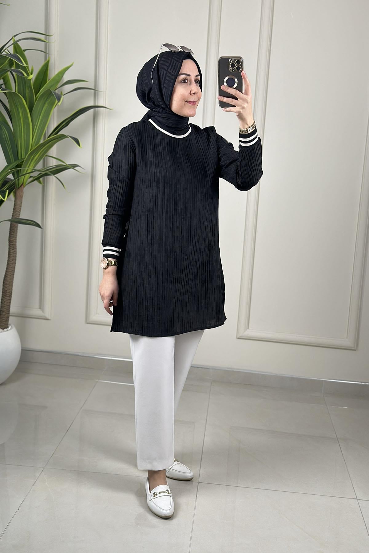 Tesettür Tunik ModelleriJakar Organze Piliseli Ribana Detaylı Kadın Tunik Siyah KADO 262632