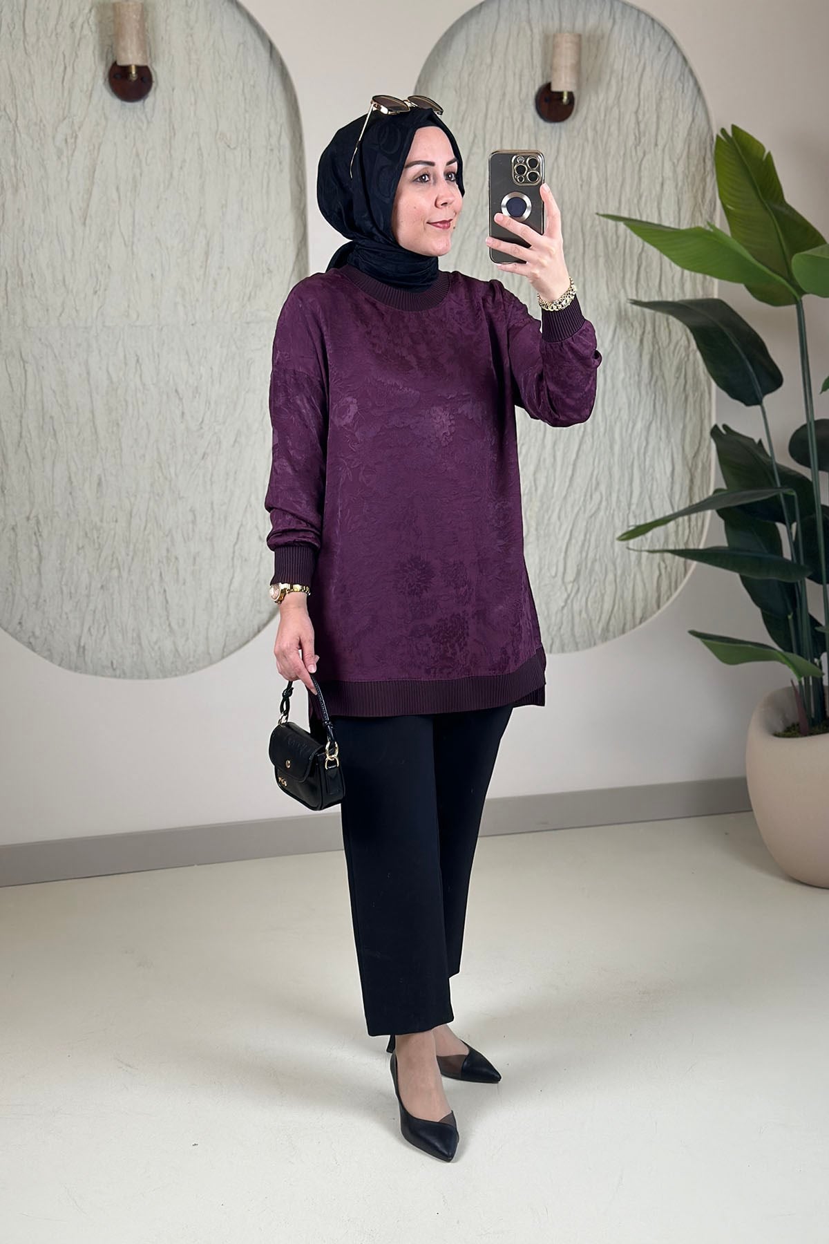 Tesettür Tunik ModelleriJakar Qupra Düşük Omuz Ribana Detaylı Kadın Tunik Mürdüm KADO 268926