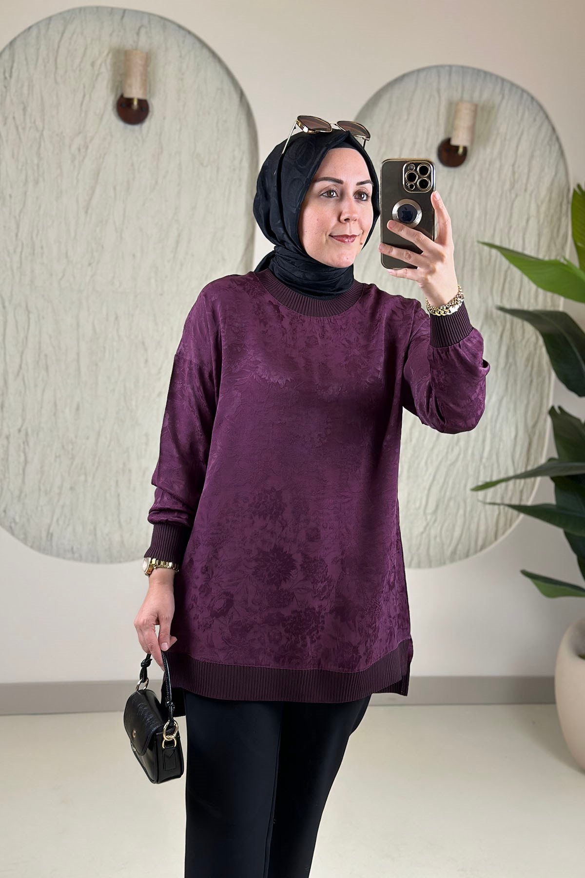 Tesettür Tunik ModelleriJakar Qupra Düşük Omuz Ribana Detaylı Kadın Tunik Mürdüm KADO 268926