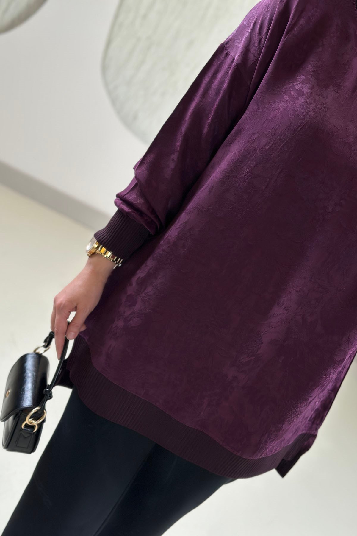Tesettür Tunik ModelleriJakar Qupra Düşük Omuz Ribana Detaylı Kadın Tunik Mürdüm KADO 268926