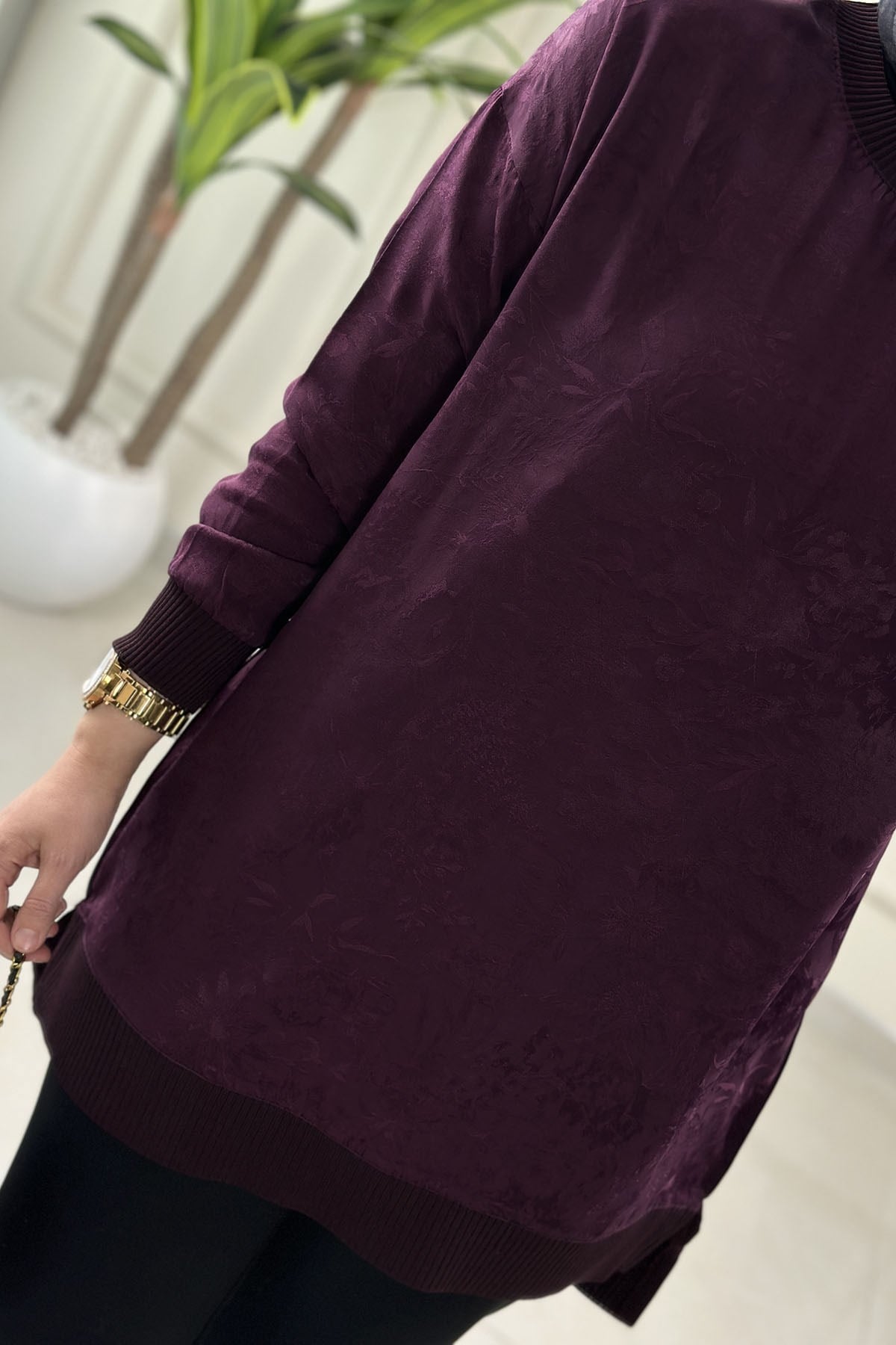 Tesettür Tunik ModelleriJakar Qupra Düşük Omuz Ribana Detaylı Kadın Tunik Mürdüm KADO 262926