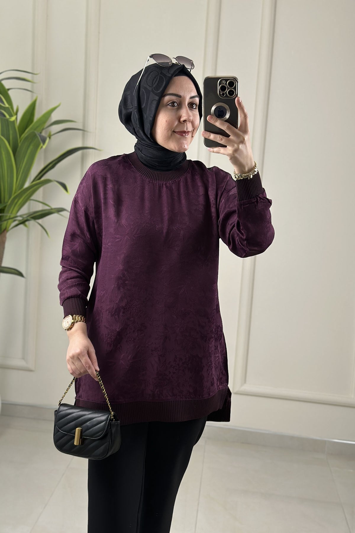 Tesettür Tunik ModelleriJakar Qupra Düşük Omuz Ribana Detaylı Kadın Tunik Mürdüm KADO 262926