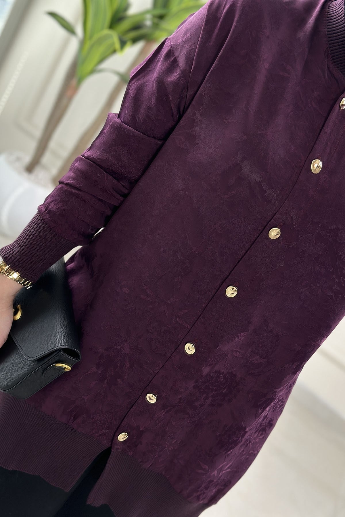 Tesettür Tunik ModelleriJakar Qupra Önü Düğmeli Ribana Detaylı Kadın Tunik Koyu Mürdüm KADO 262864
