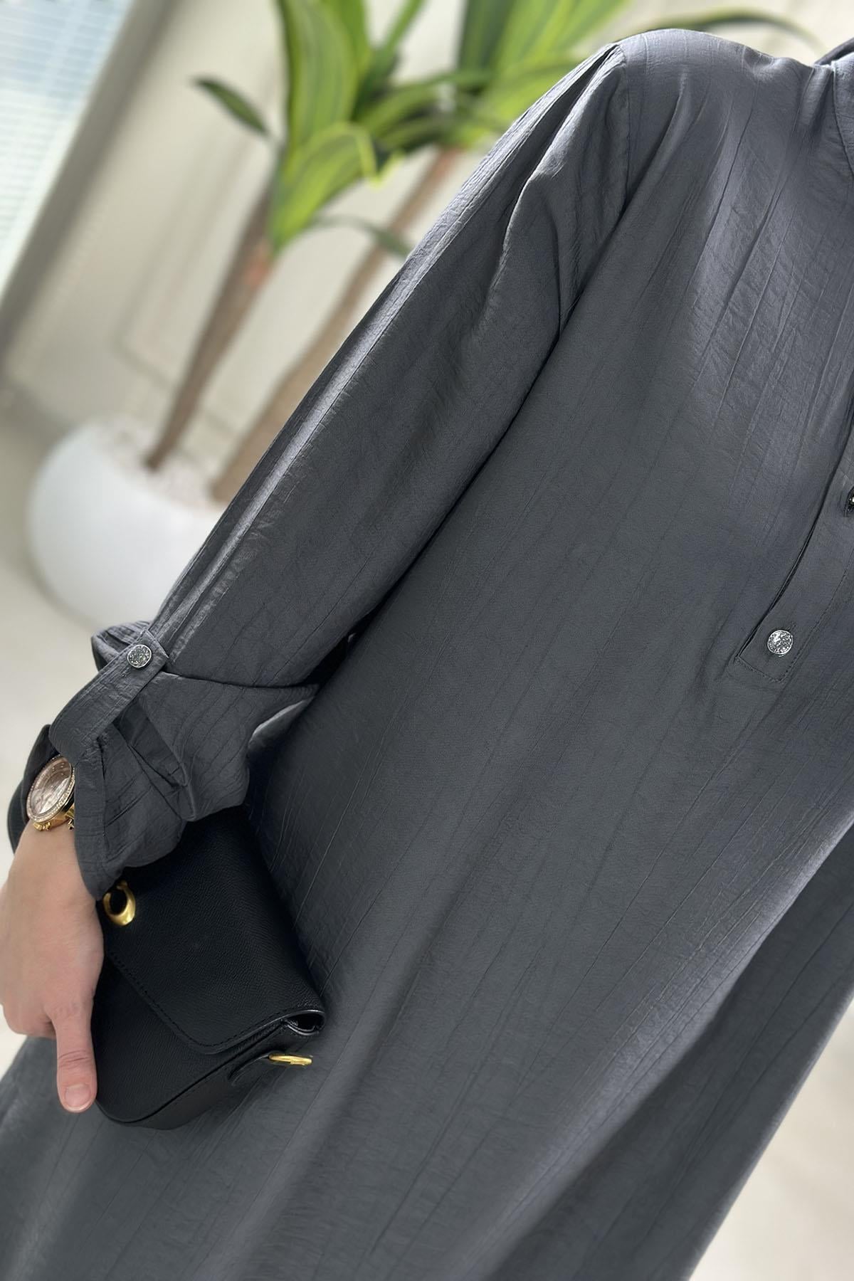 Tesettür Tunik ModelleriKatlama Kol Yan Çıtçıt Detaylı Kadın Tunik Gri KADO 262720