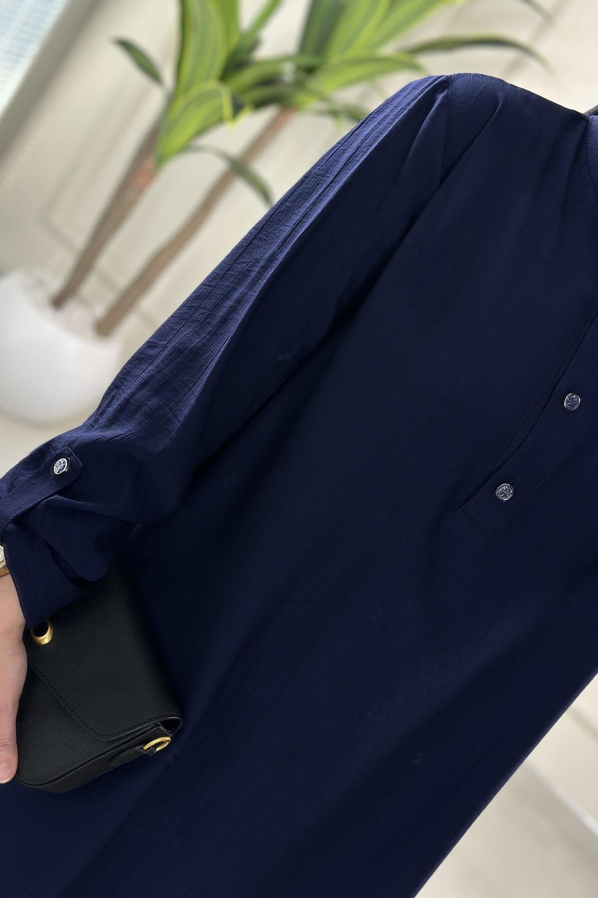 Tesettür Tunik ModelleriKatlama Kol Yan Çıtçıt Detaylı Kadın Tunik Lacivert KADO 262720