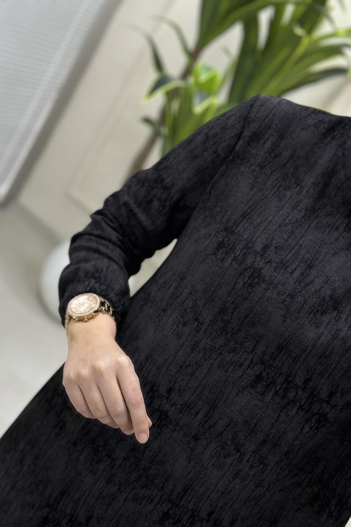 Tesettür Tunik ModelleriKendinden Desenli Kolu Lastikli Modal Kadın Tunik Siyah KADO 257393