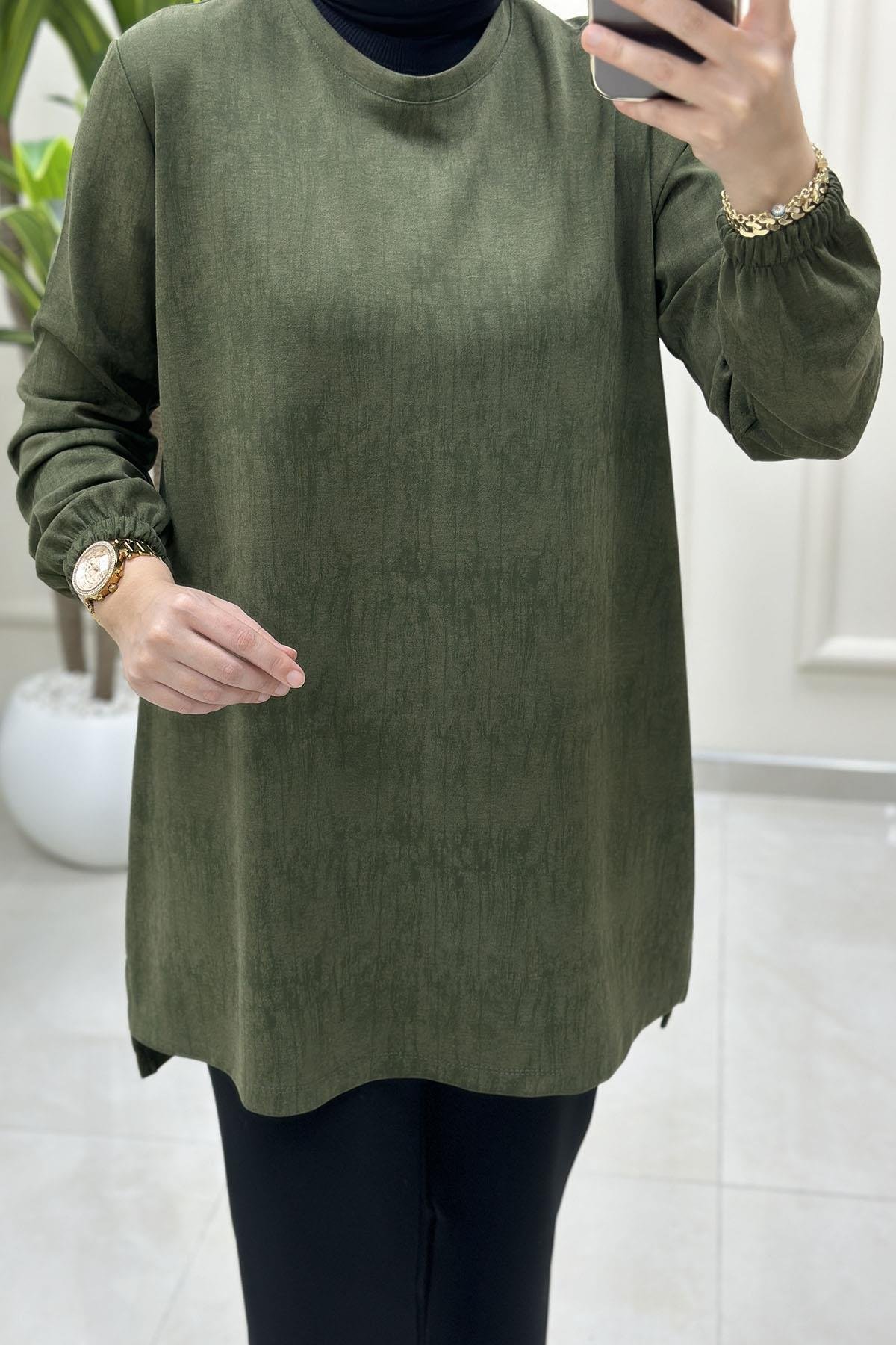 Tesettür Tunik ModelleriKendinden Desenli Kolu Lastikli Modal Kadın Tunik Haki KADO 257393