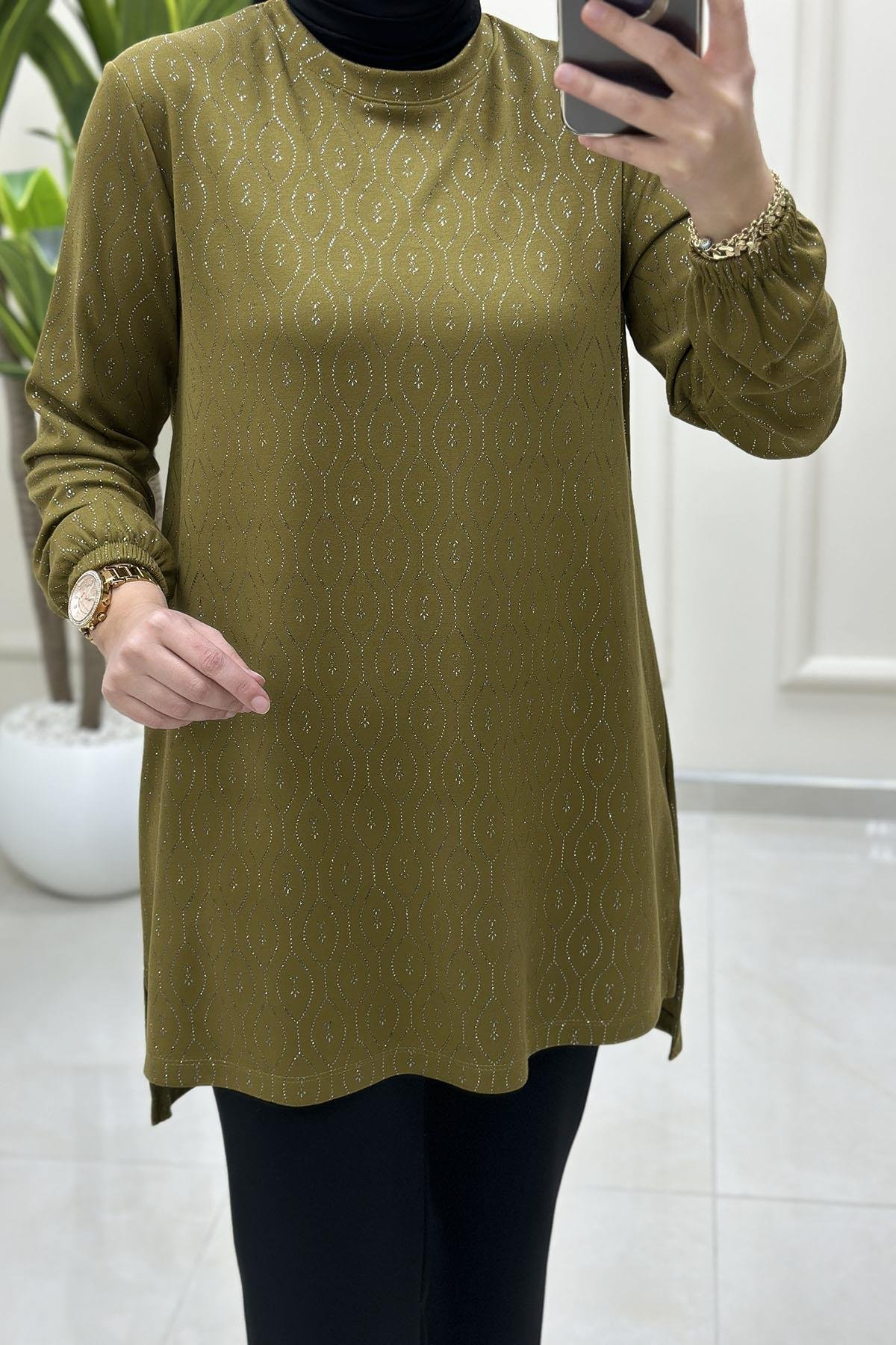 Tesettür Tunik ModelleriKendinden Desenli Kolu Büzgülü Kadın Tunik Yağ Yeşili KADO 257121