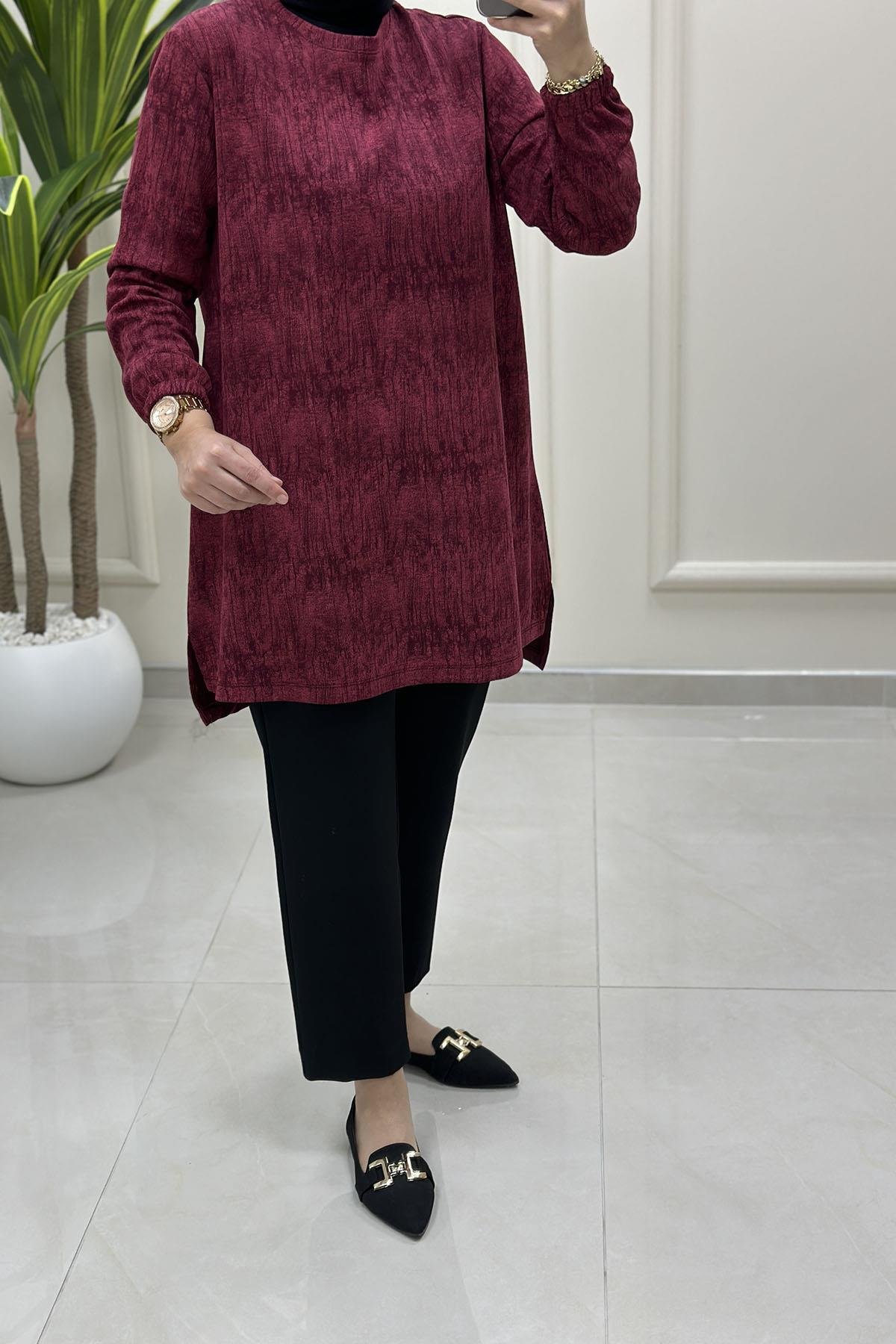 Tesettür Tunik ModelleriKendinden Desenli Kolu Lastikli Modal Kadın Tunik Bordo KADO 257393