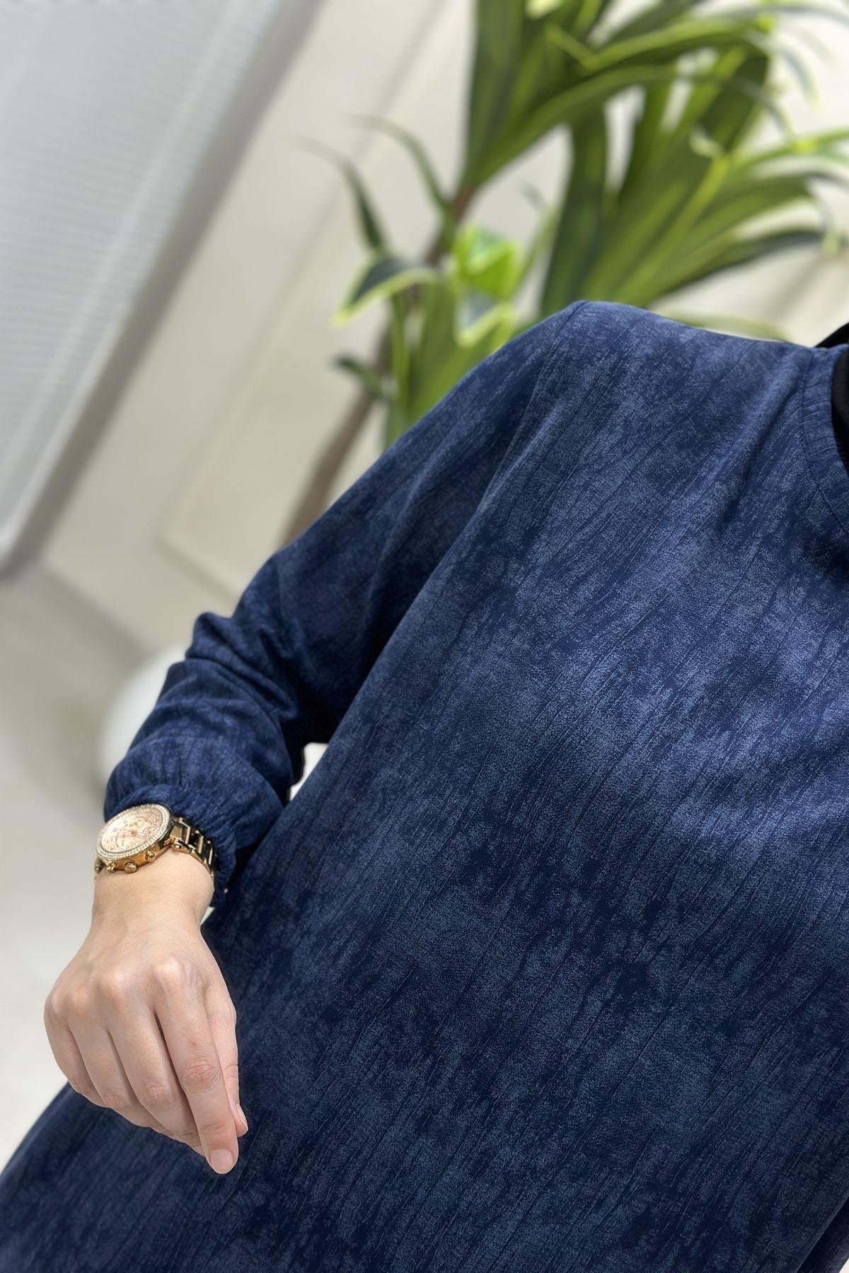 Tesettür Tunik ModelleriKendinden Desenli Kolu Lastikli Modal Kadın Tunik İndigo KADO 257393