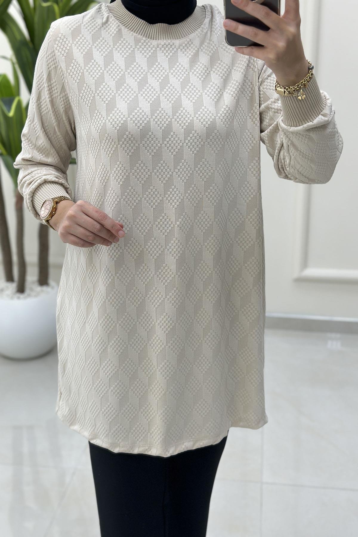 Tesettür Tunik ModelleriKendinden Desenli Ribana Detaylı Kadın Tunik Taş KADO 257480