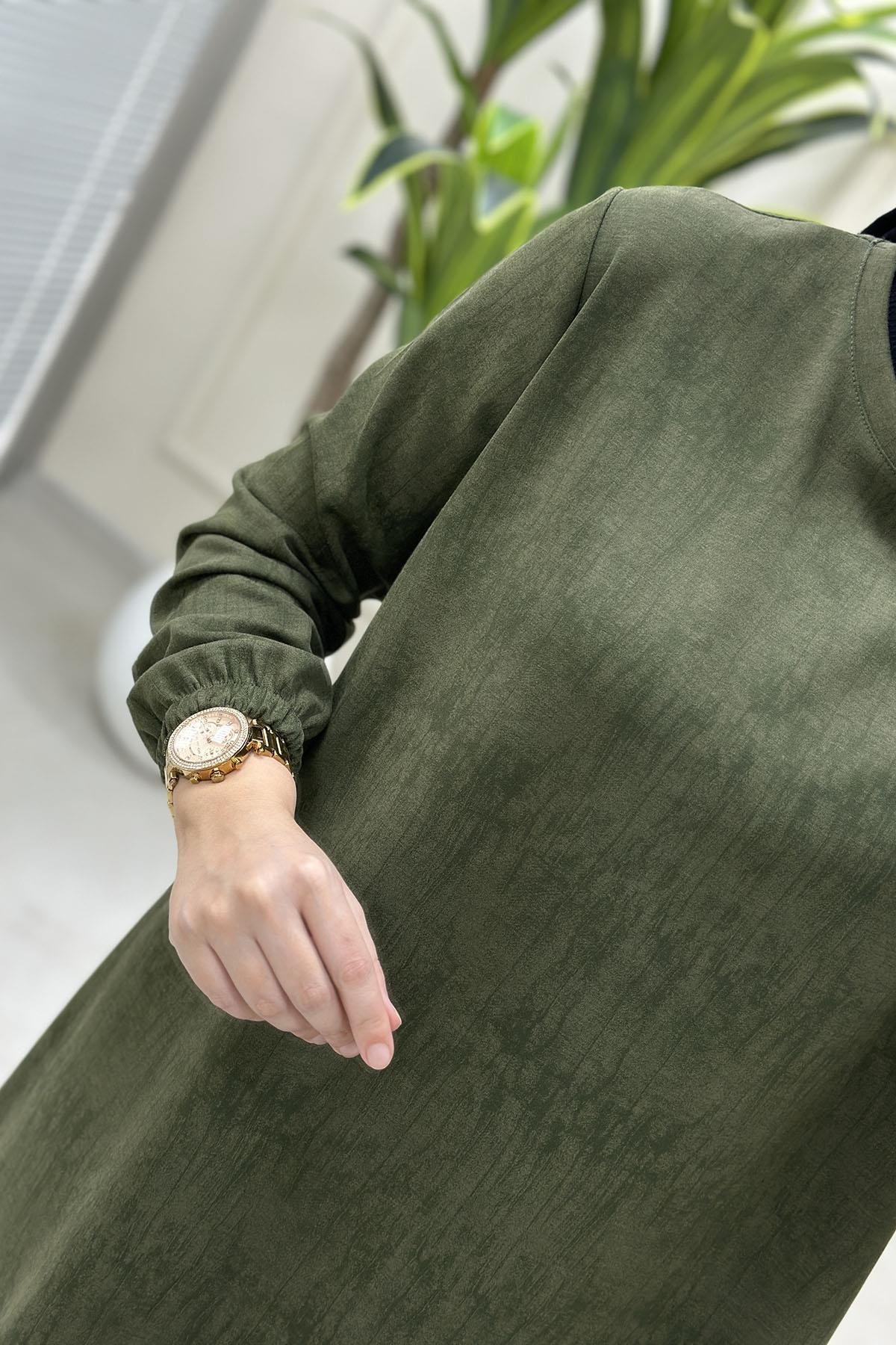 Tesettür Tunik ModelleriKendinden Desenli Kolu Lastikli Modal Kadın Tunik Haki KADO 257393