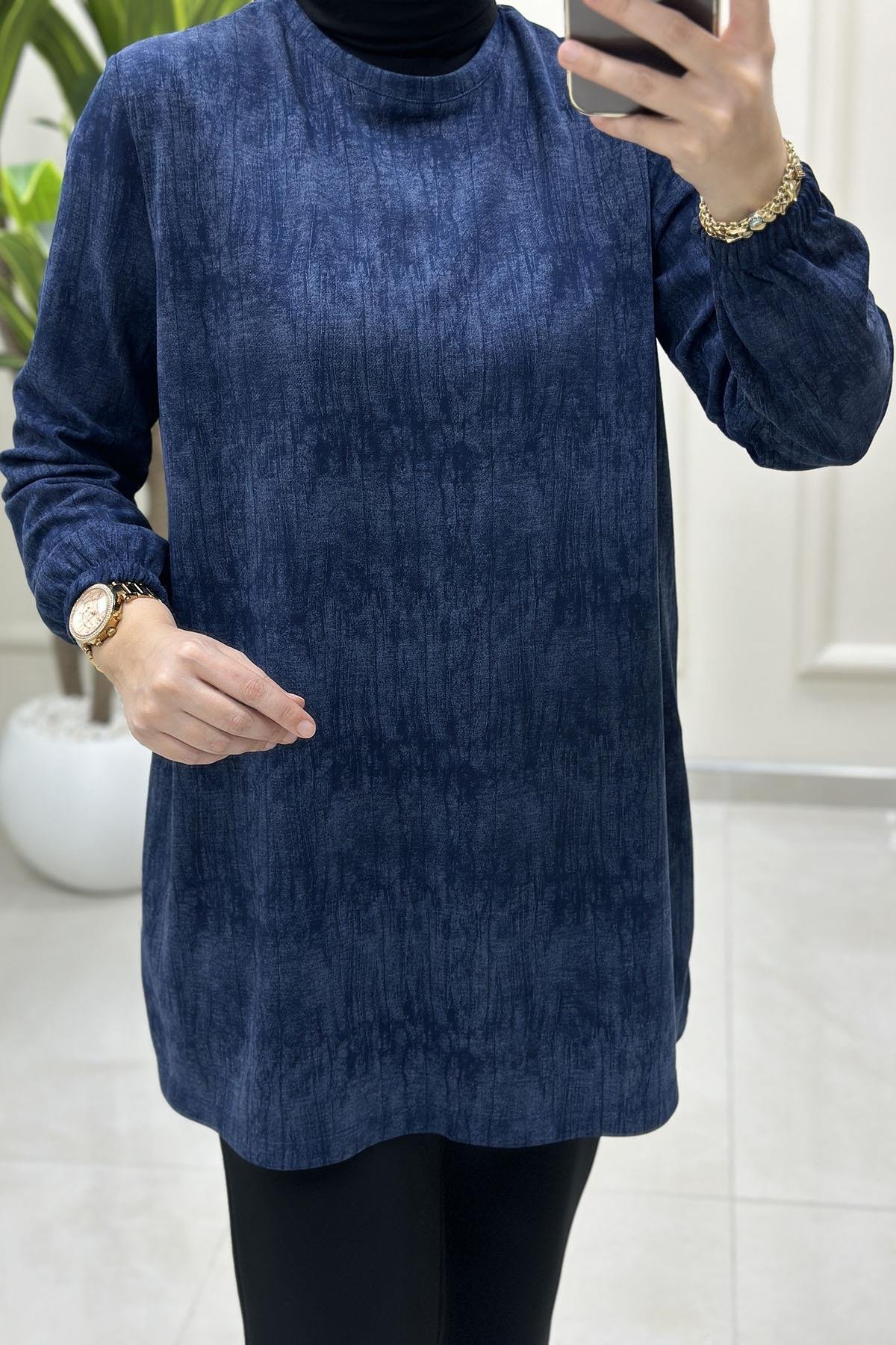 Tesettür Tunik ModelleriKendinden Desenli Kolu Lastikli Modal Kadın Tunik İndigo KADO 257393