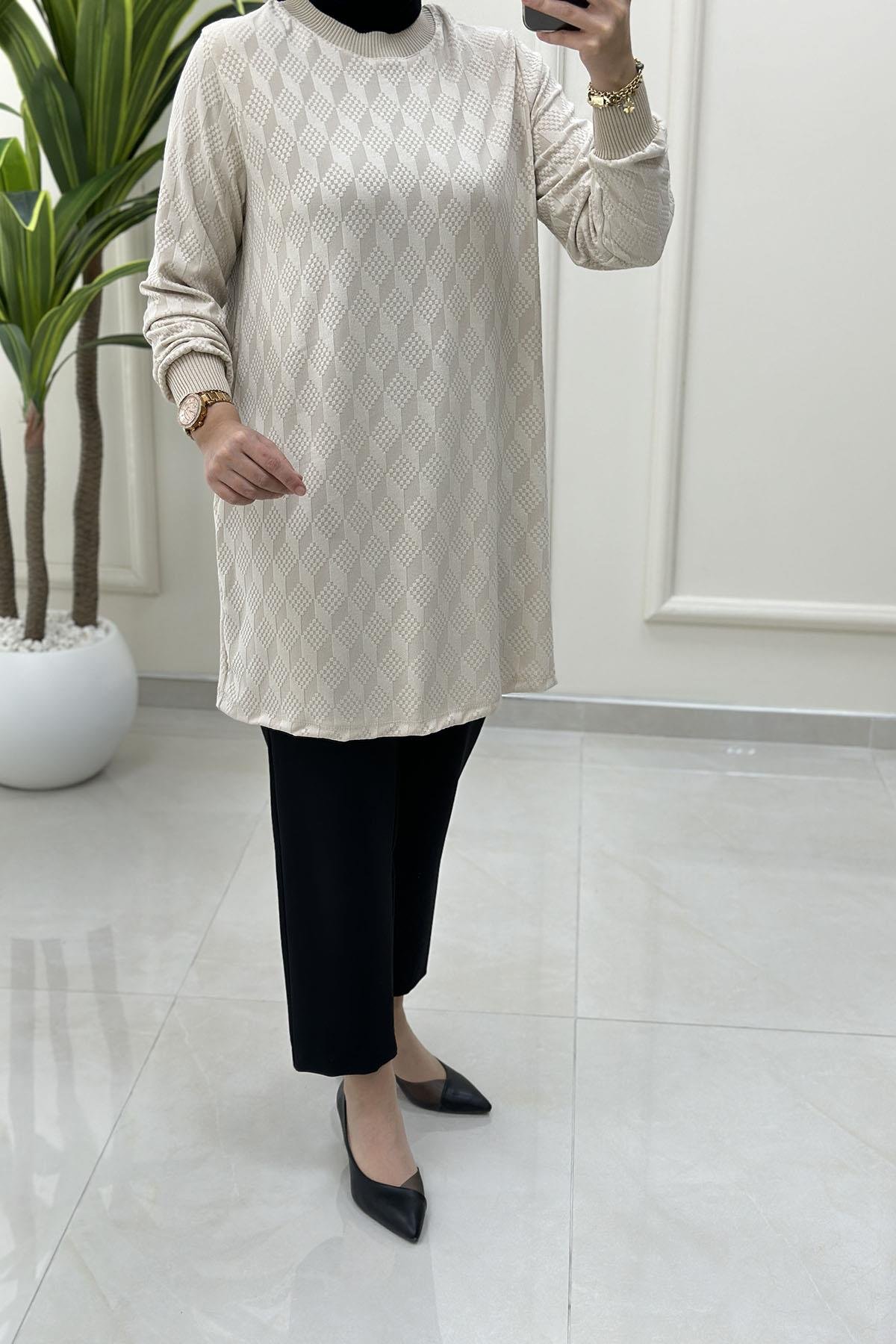 Tesettür Tunik ModelleriKendinden Desenli Ribana Detaylı Kadın Tunik Taş KADO 257480
