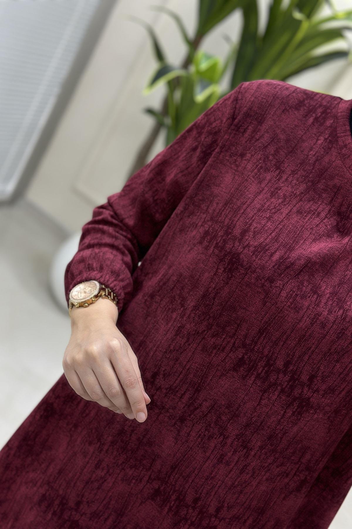 Tesettür Tunik ModelleriKendinden Desenli Kolu Lastikli Modal Kadın Tunik Bordo KADO 257393