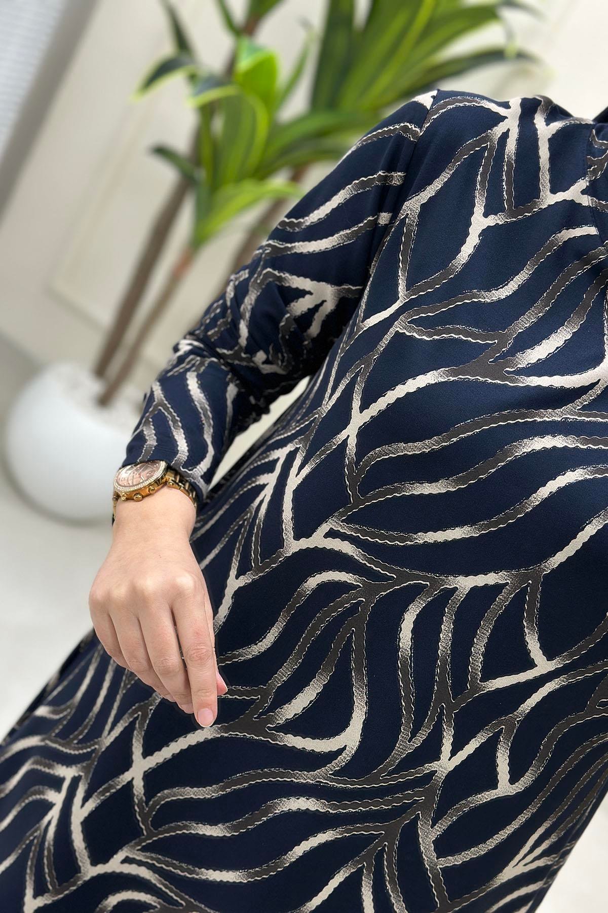 Tesettür Tunik ModelleriKendinden Desenli Likralı Kadın Tunik Lacivert KADO 257601