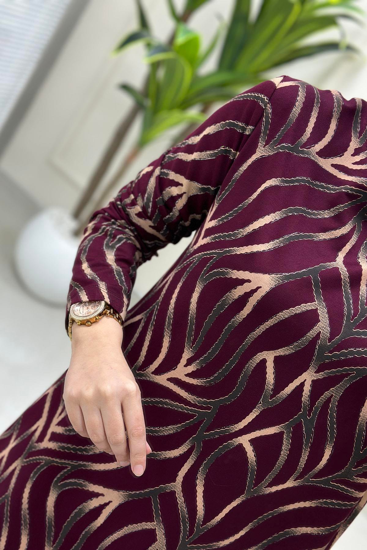 Tesettür Tunik ModelleriKendinden Desenli Likralı Kadın Tunik Bordo KADO 257601