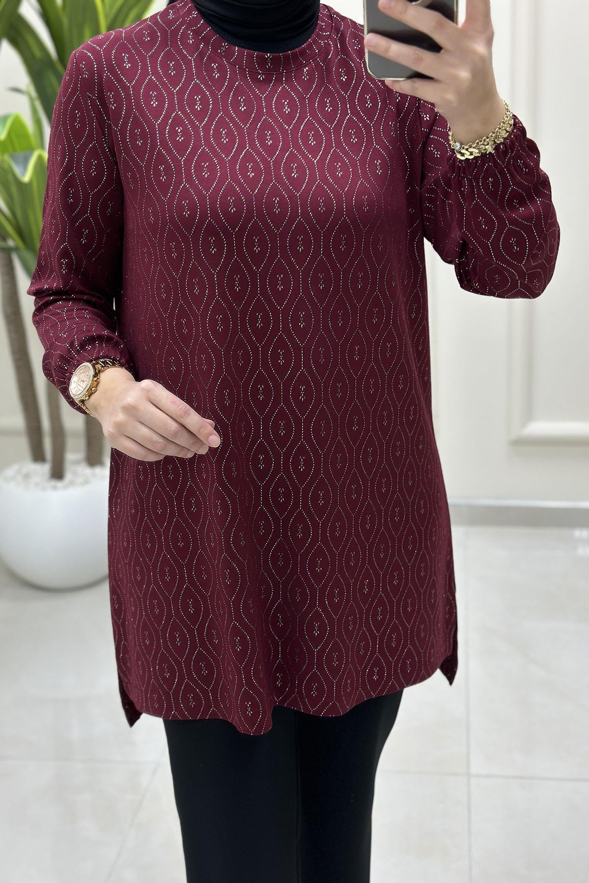 Tesettür Tunik ModelleriKendinden Desenli Kolu Büzgülü Kadın Tunik Bordo KADO 257121