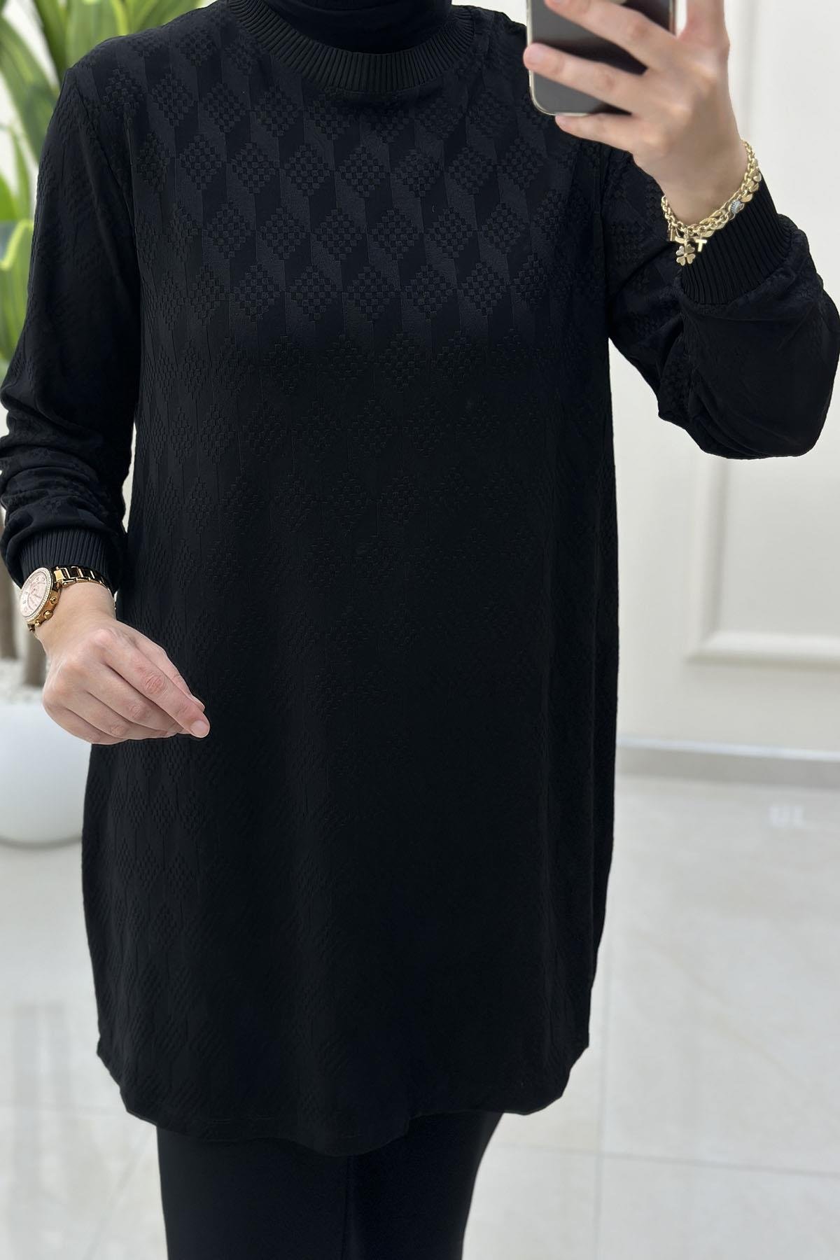 Tesettür Tunik ModelleriKendinden Desenli Ribana Detaylı Kadın Tunik Siyah KADO 257480