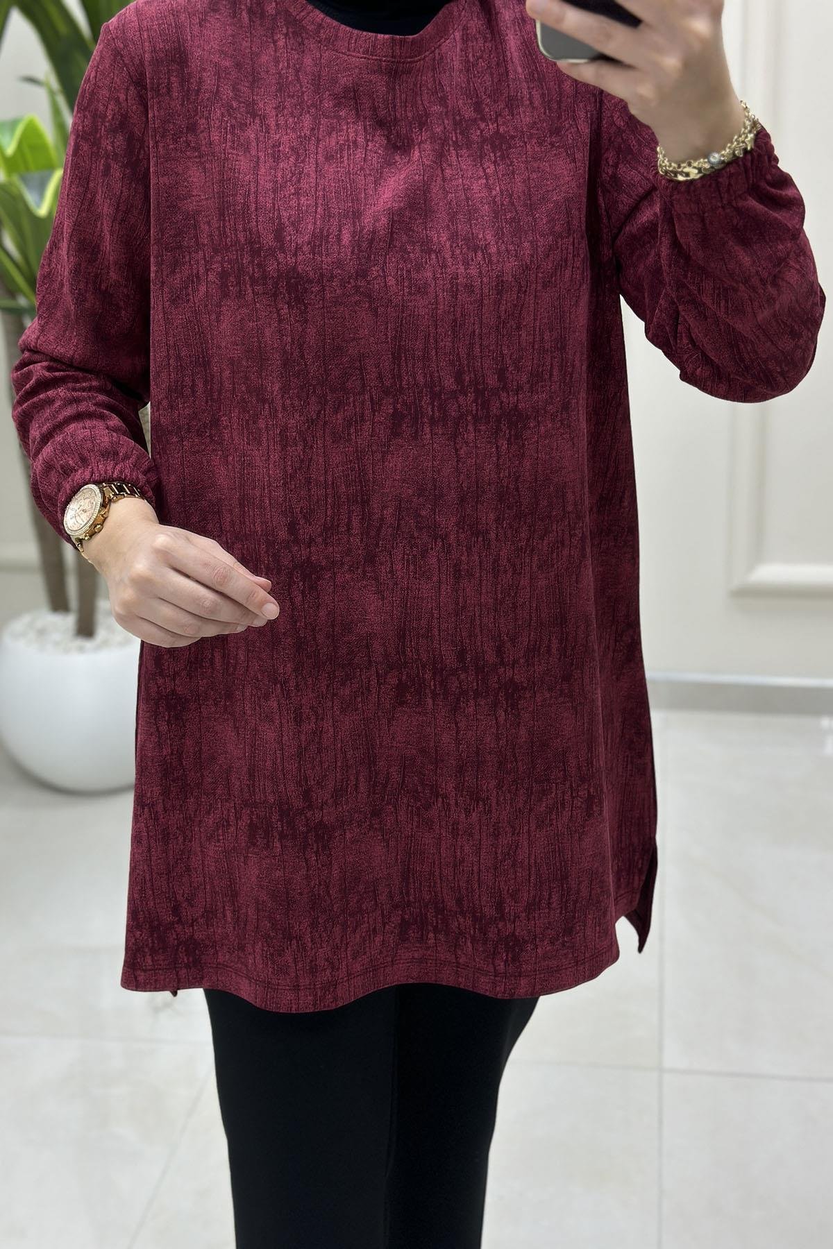 Tesettür Tunik ModelleriKendinden Desenli Kolu Lastikli Modal Kadın Tunik Bordo KADO 257393