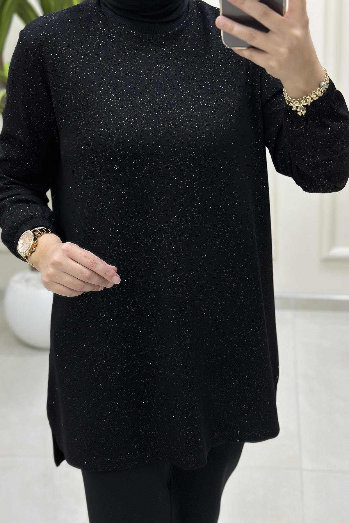Tesettür Tunik ModelleriKendinden Simli Kolu Lastikli Kadın Tunik Siyah KADO 257886