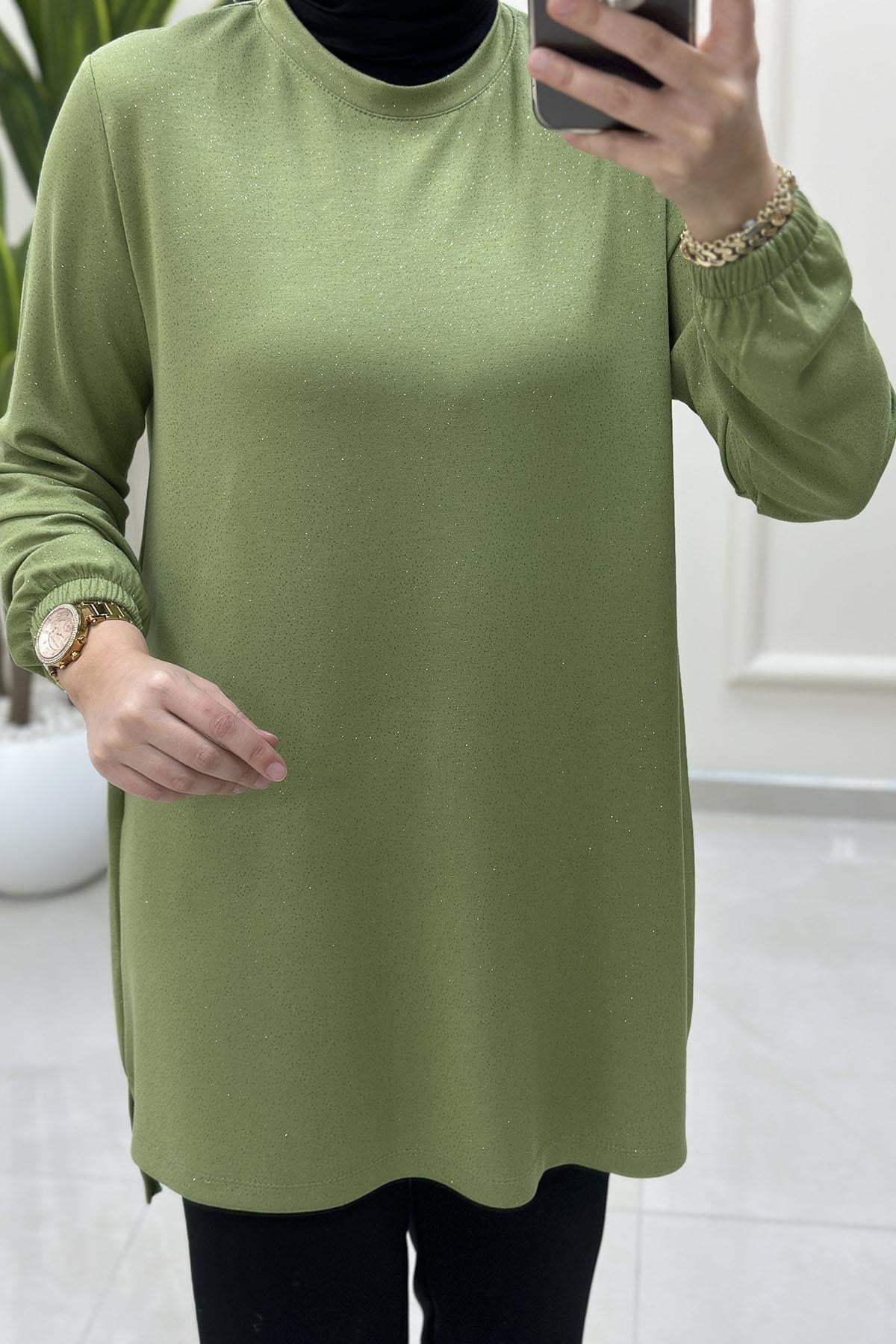 Tesettür Tunik ModelleriKendinden Simli Kolu Lastikli Kadın Tunik Fıstık Yeşili KADO 257886