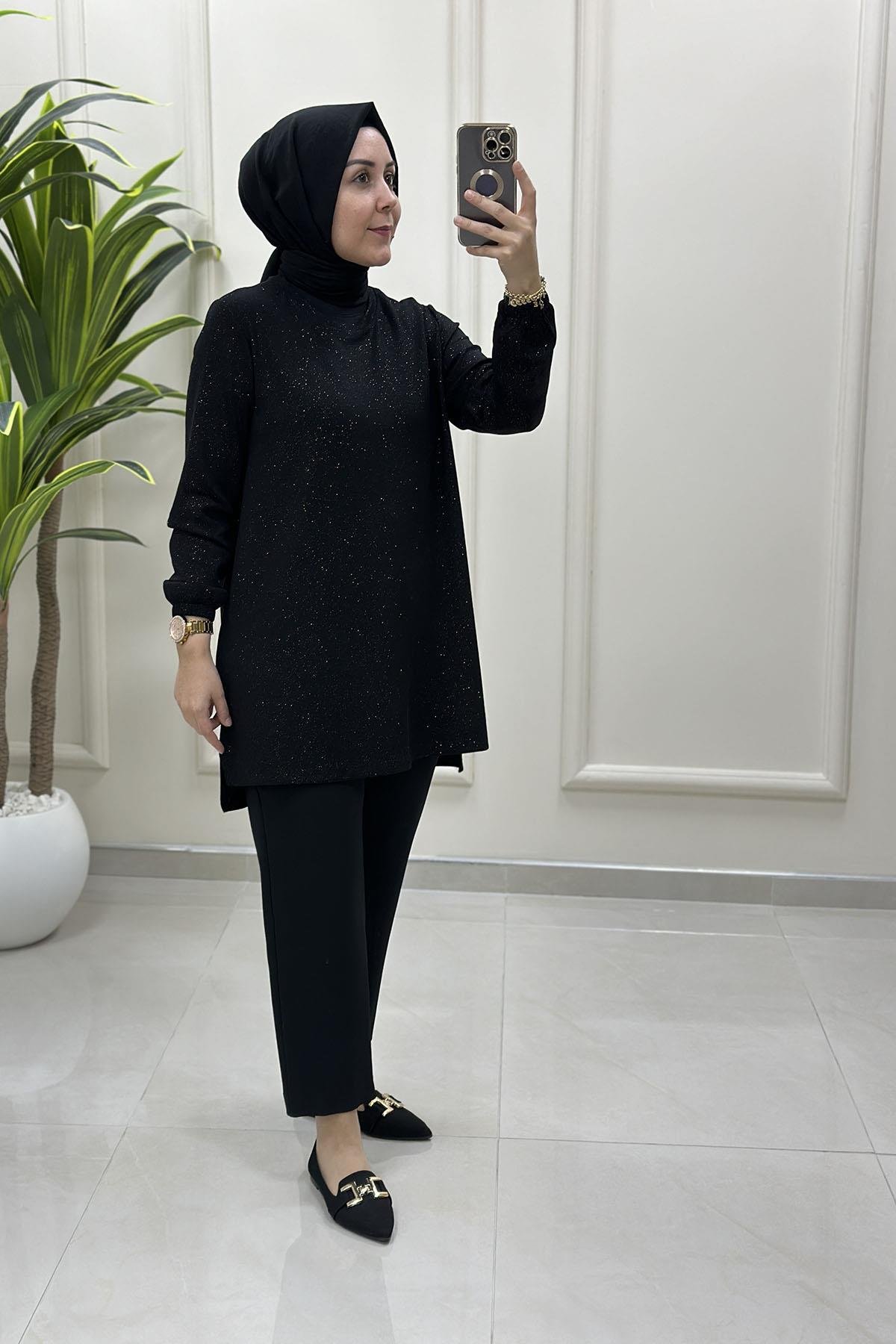 Tesettür Tunik ModelleriKendinden Simli Kolu Lastikli Kadın Tunik Siyah KADO 257886