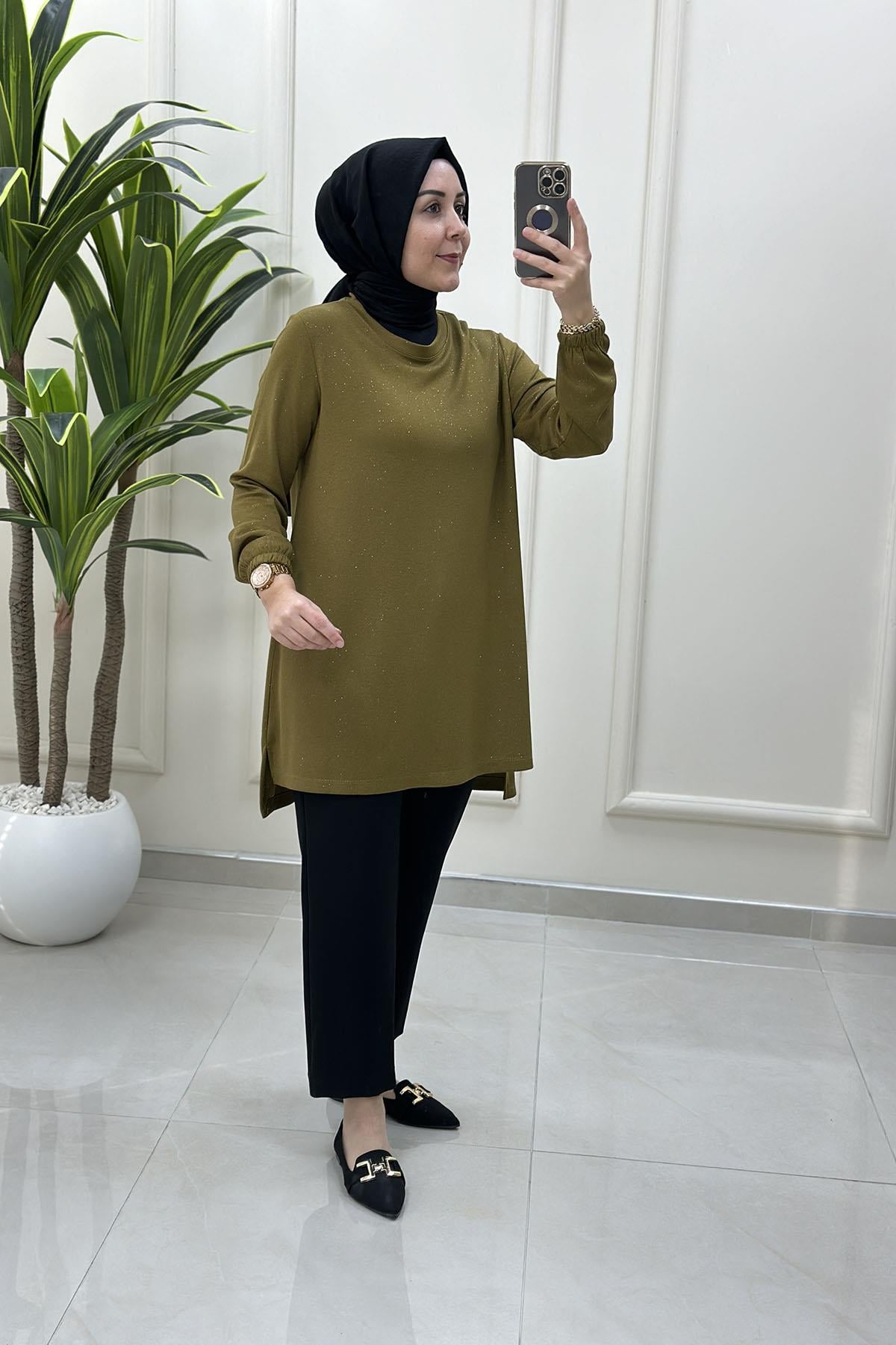 Tesettür Tunik ModelleriKendinden Simli Kolu Lastikli Kadın Tunik Yağ Yeşili KADO 257886