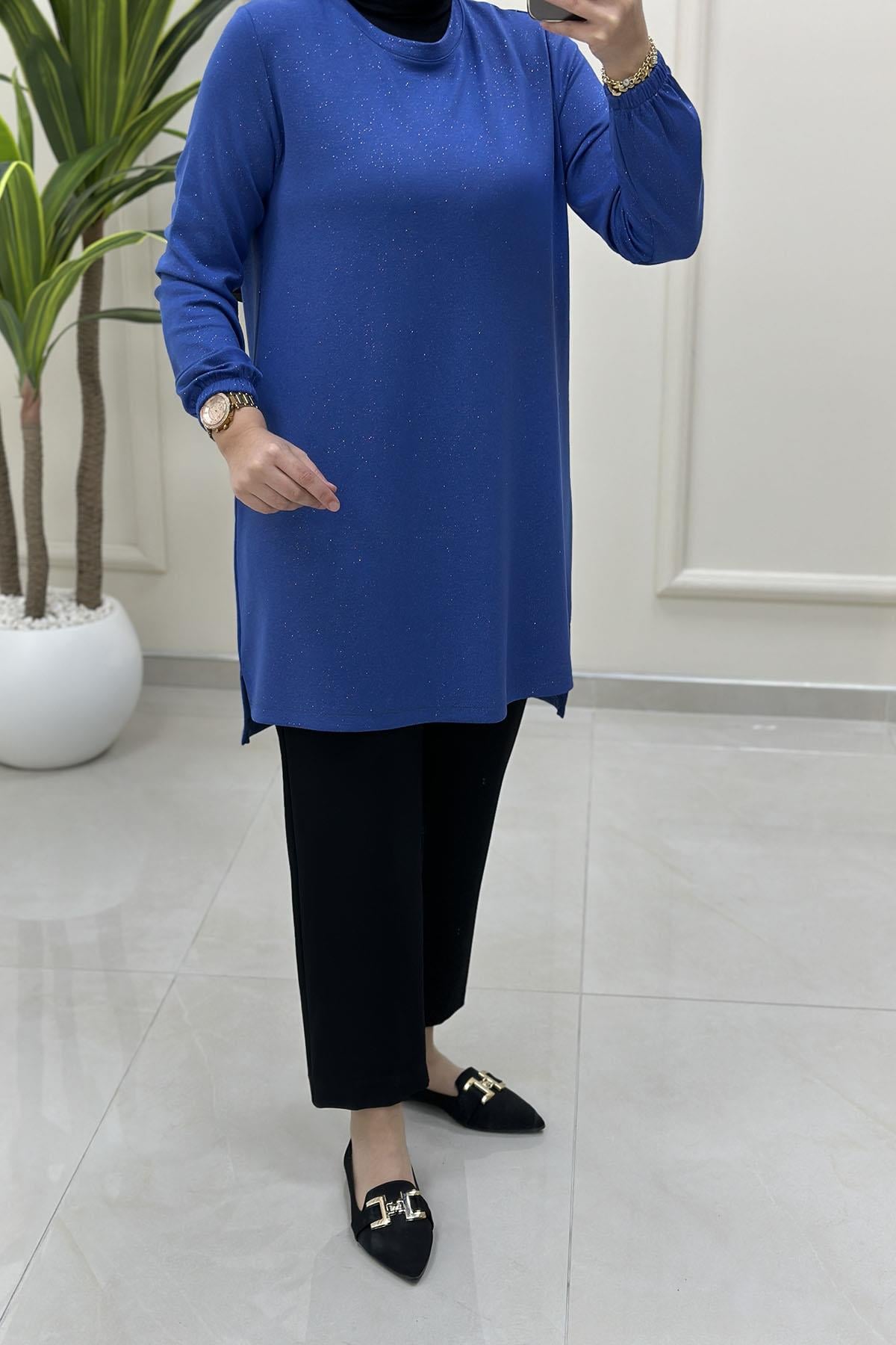Tesettür Tunik ModelleriKendinden Simli Kolu Lastikli Kadın Tunik Mavi KADO 257886