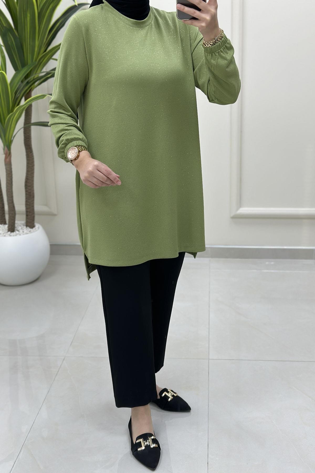 Tesettür Tunik ModelleriKendinden Simli Kolu Lastikli Kadın Tunik Fıstık Yeşili KADO 257886