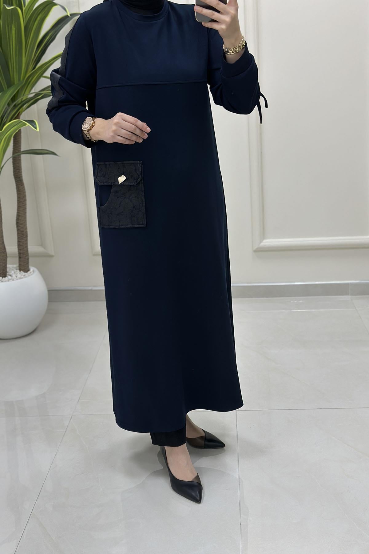 Tesettür Tunik ModelleriKol ve Cep Desen Detaylı Oysho Kadın Tunik Lacivert VOL 1617