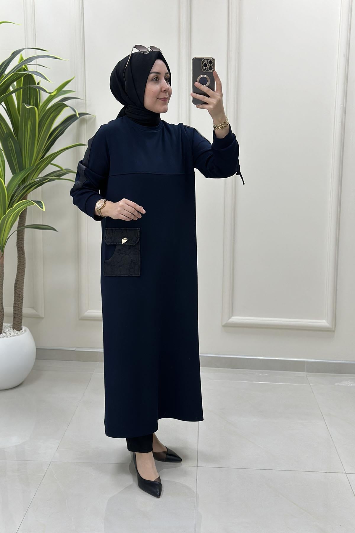 Tesettür Tunik ModelleriKol ve Cep Desen Detaylı Oysho Kadın Tunik Lacivert VOL 1617